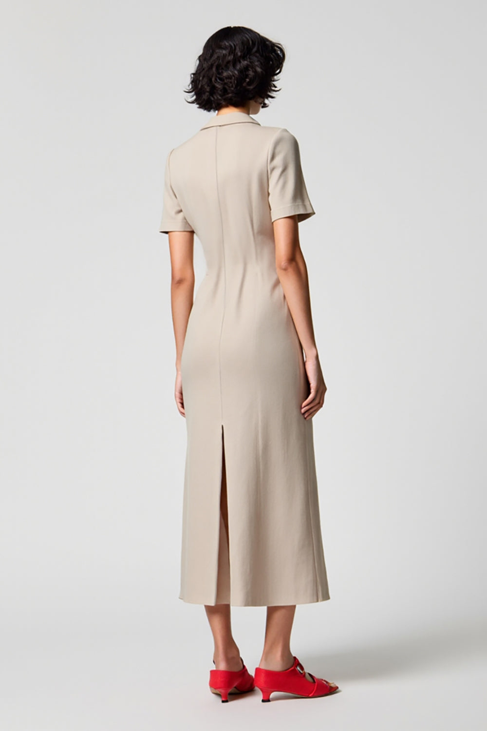 Simple Grey Satin Midi Wedding Guest Dress with Short Sleeves
