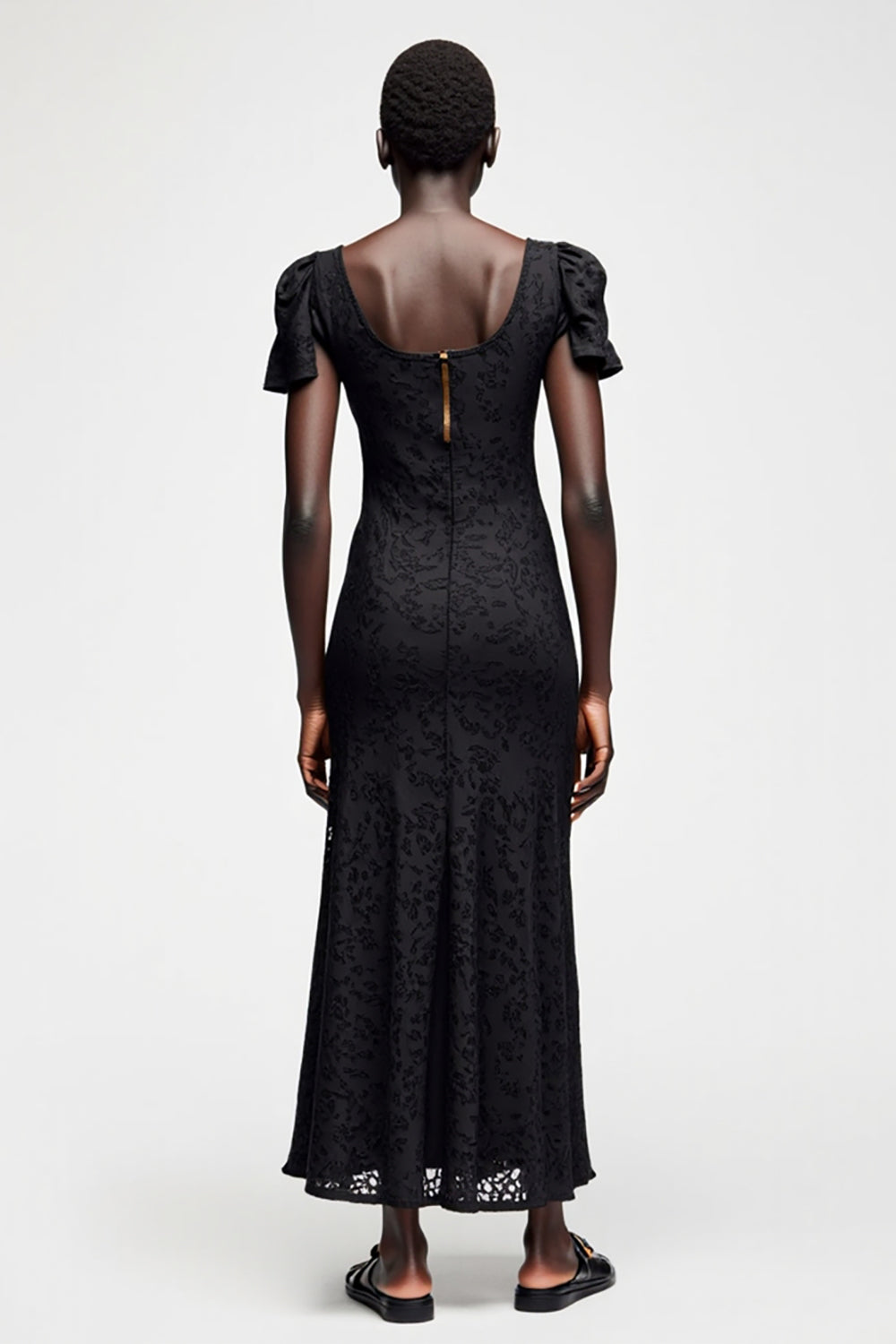 Black Lace Short Sleeves Wedding Guest Dress