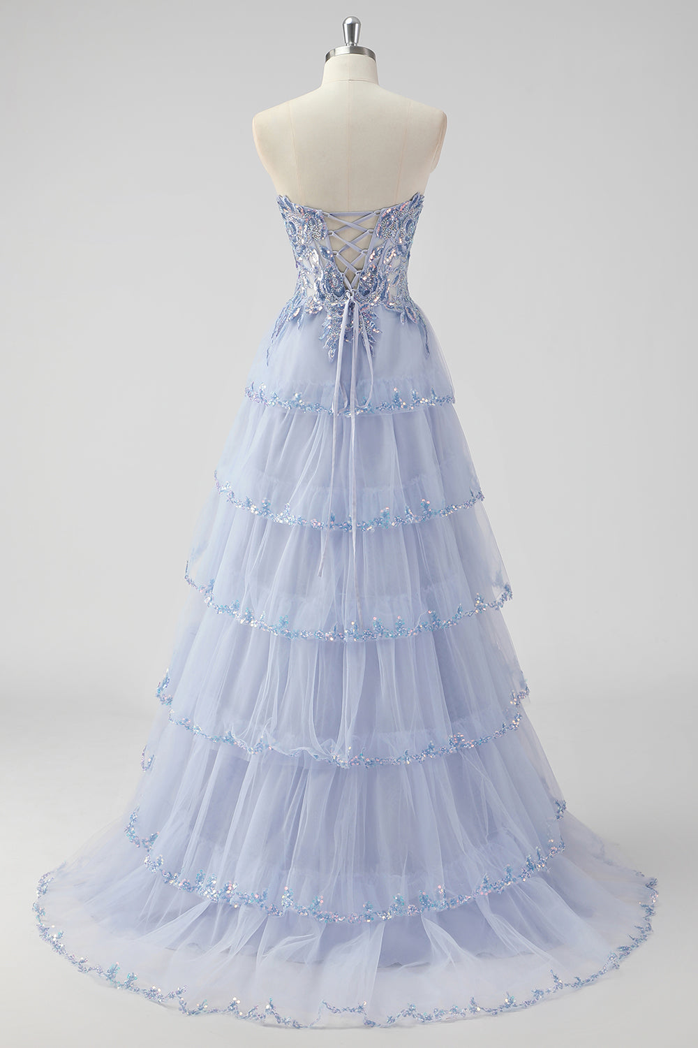 Lavender A Line Strapless Sequins Corset Tiered Prom Dress with Slit