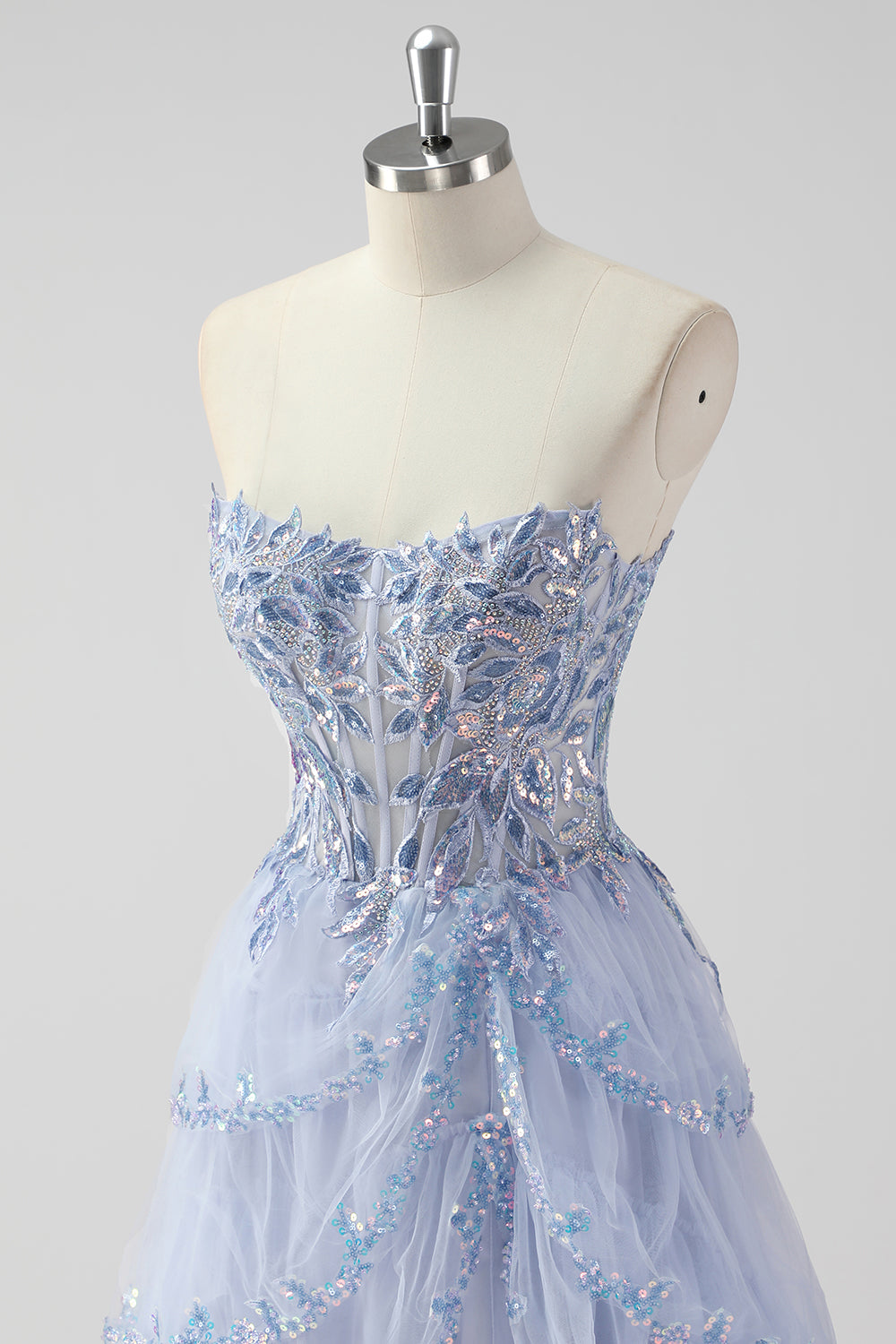 Lavender A Line Strapless Sequins Corset Tiered Prom Dress with Slit