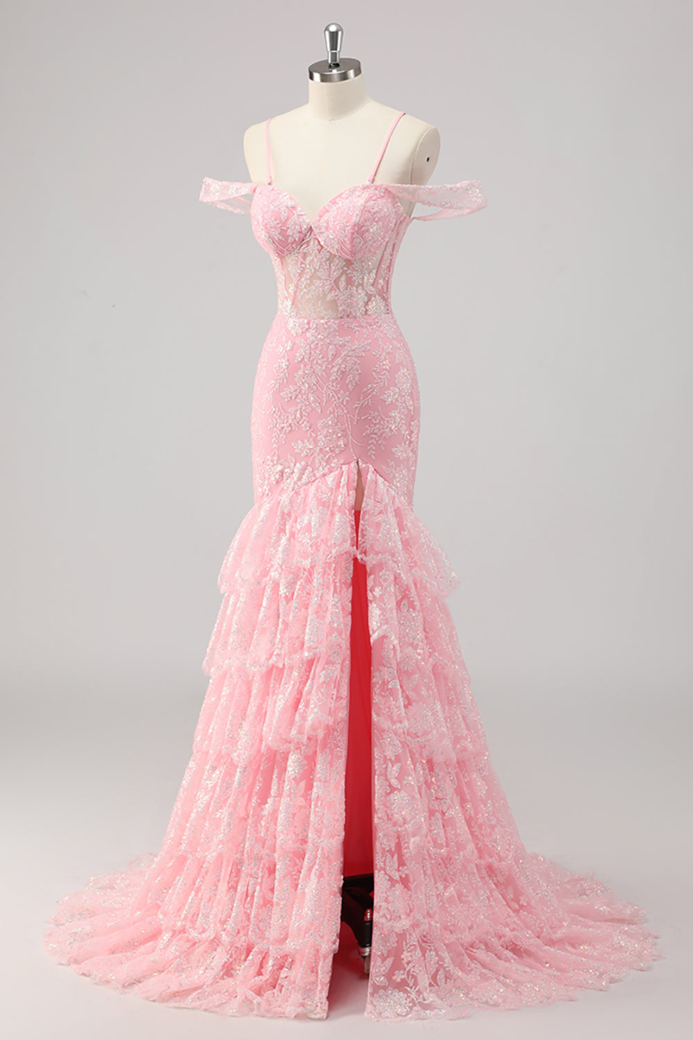Cold Shoulder Corset Mermaid Pink Prom Dress with Slit