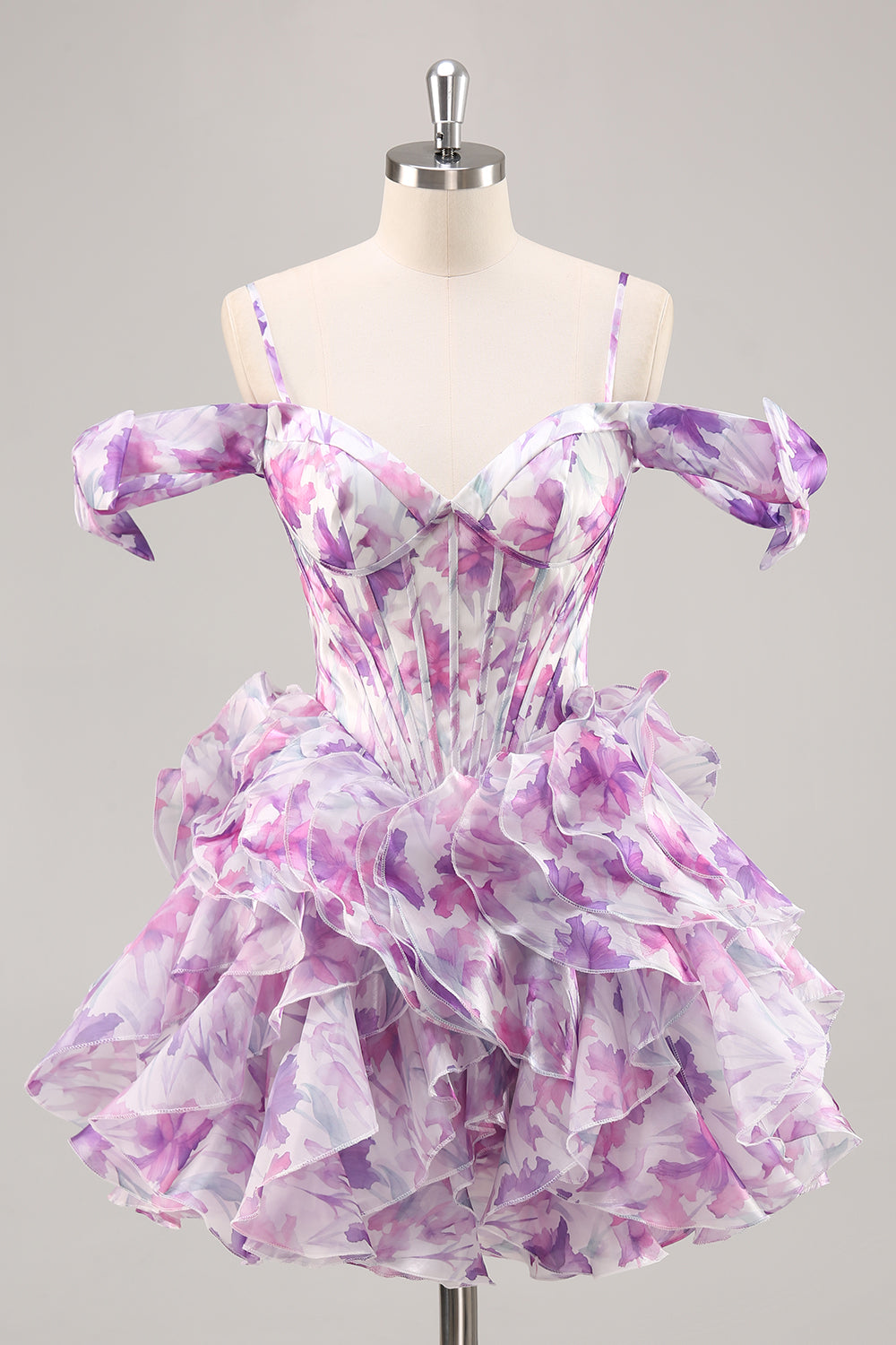 Purple A Line Off The Shoulder Printed Corset Homecoming Dress with Ruffles