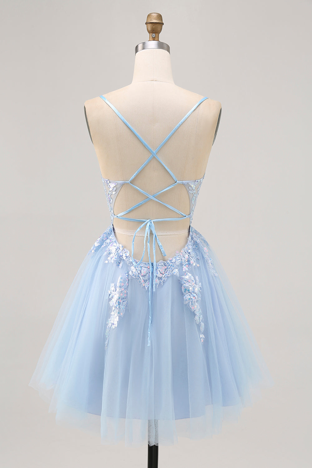 Sparkly Blue A-line Tulle Sequins Short Homecoming Dress with Lace Up Back