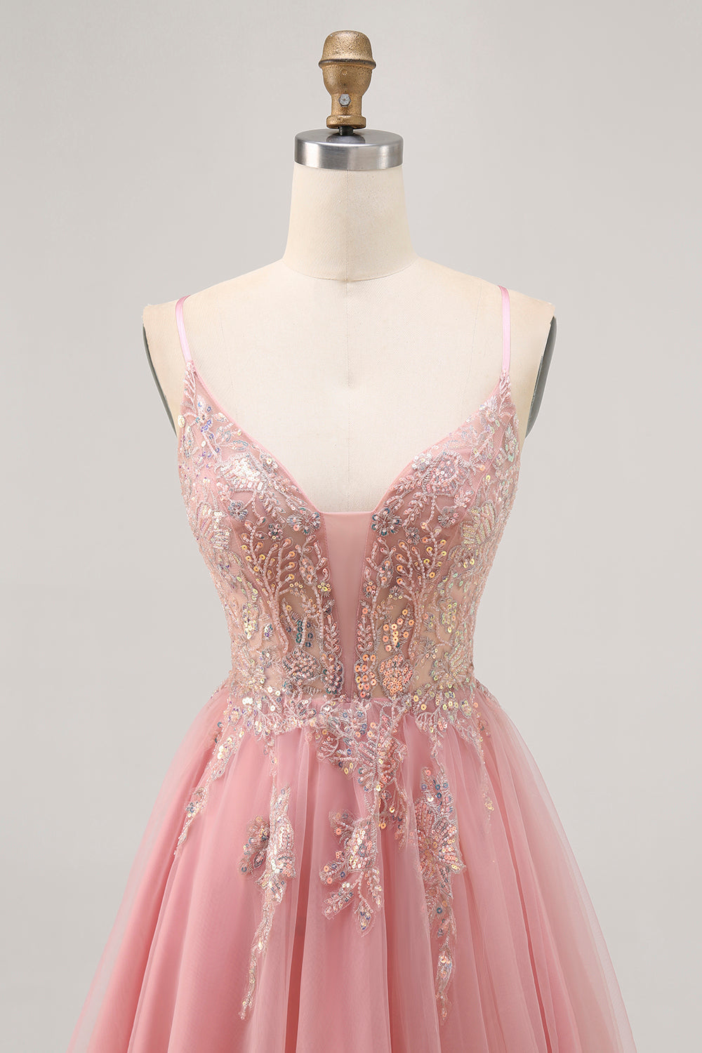 Sparkly Blush A-line Tulle Sequins Short Homecoming Dress with Lace Up Back