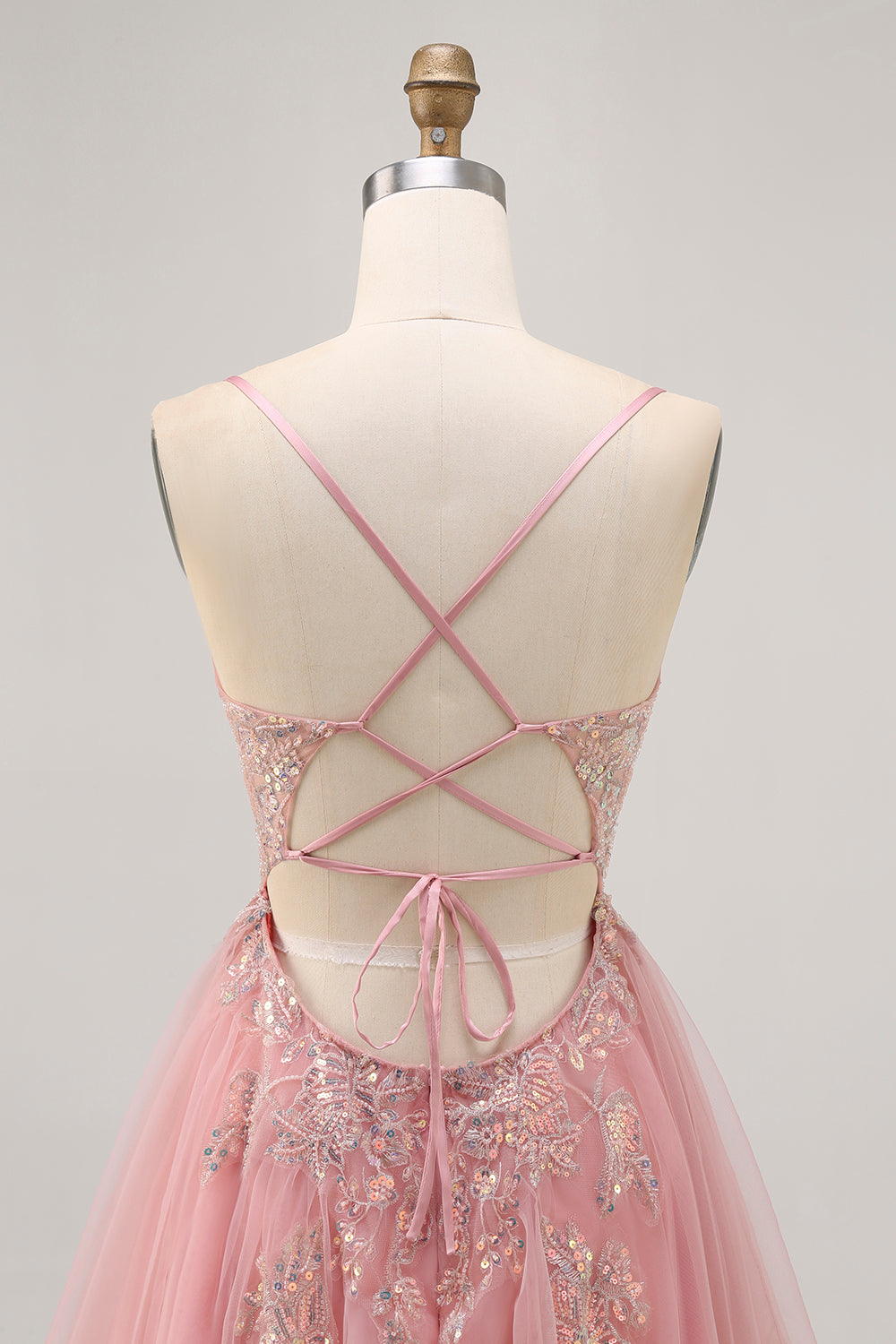 Sparkly Blush A-line Tulle Sequins Short Homecoming Dress with Lace Up Back