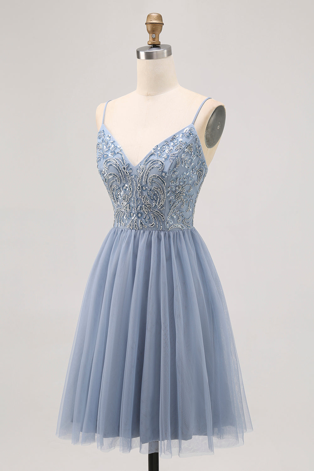 Grey Blue A-line Tulle Short Homecoming Dress with Beading