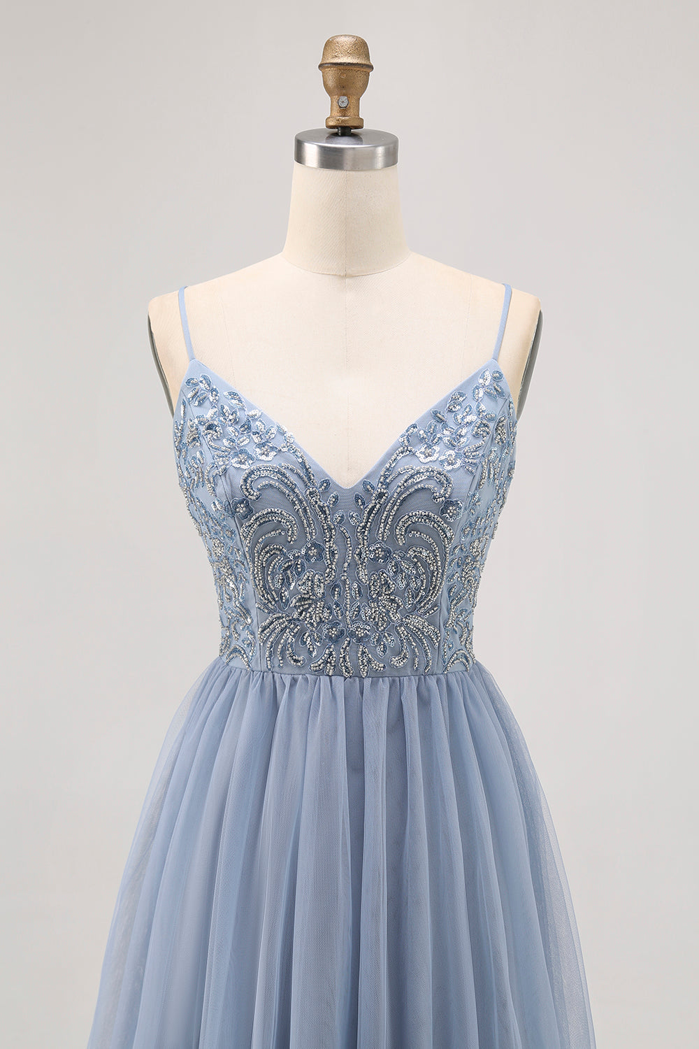 Grey Blue A-line Tulle Short Homecoming Dress with Beading