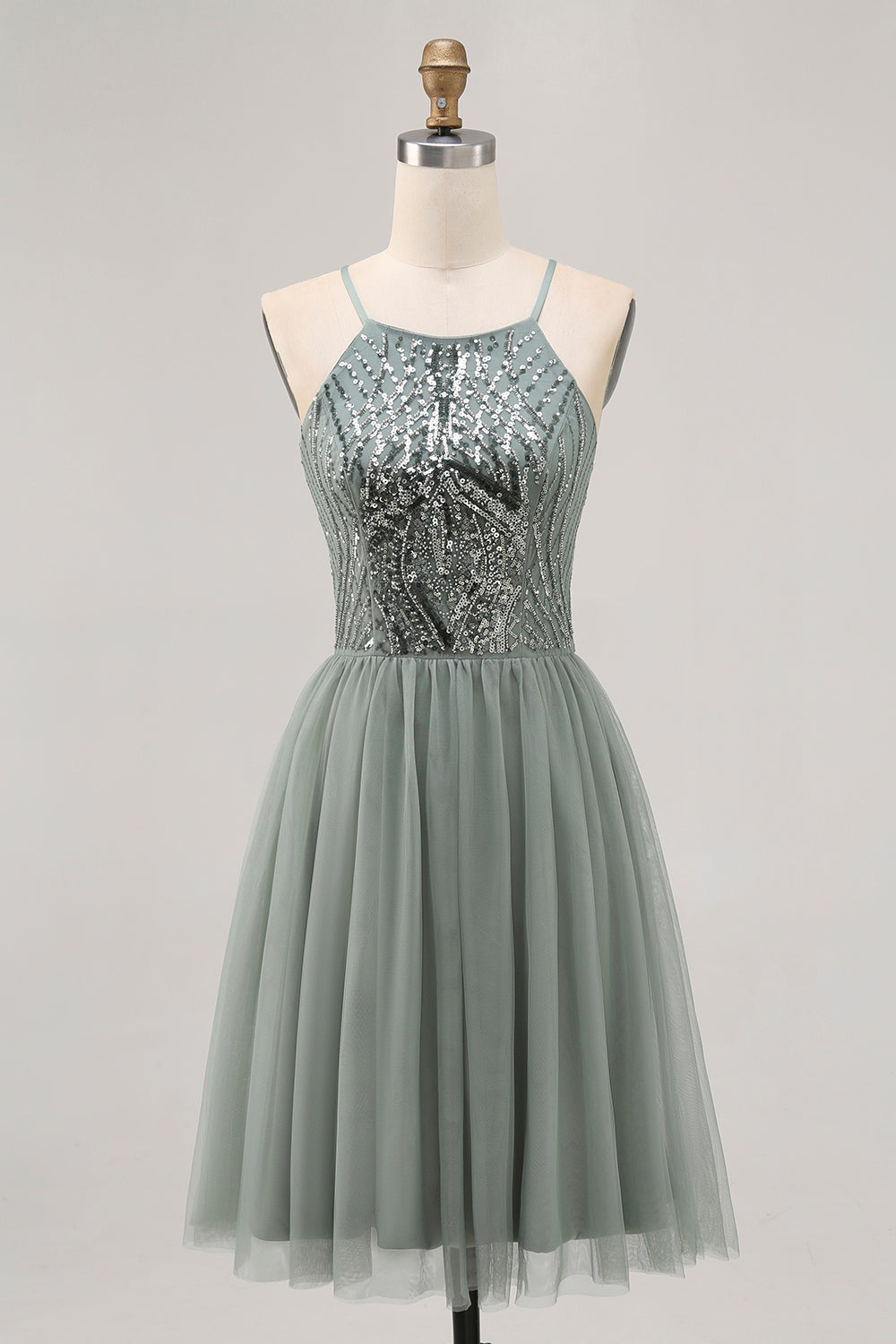 Grey Green A-line Tulle Sequins Short Homecoming Dress with Sequins
