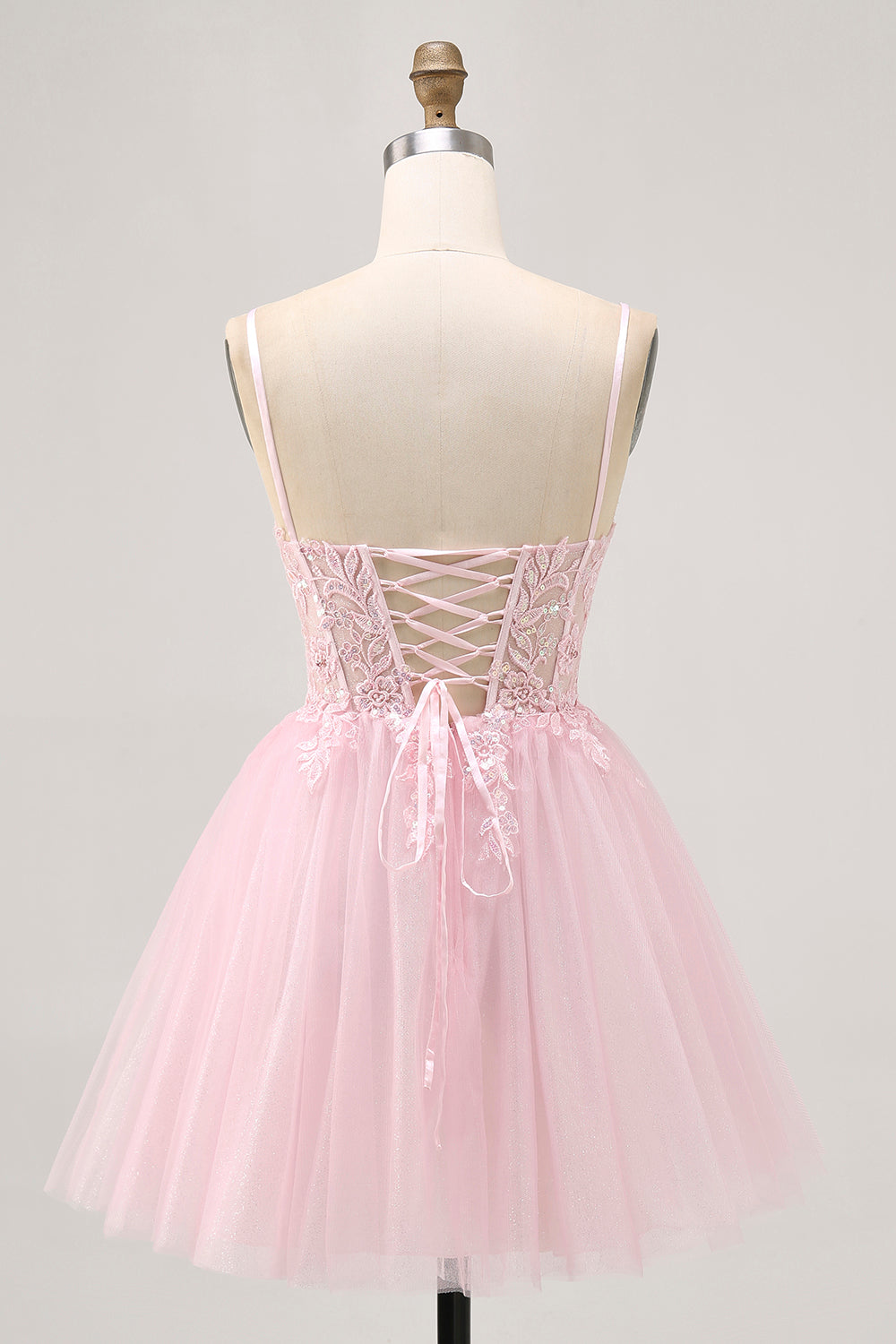 Pink A Line Corset Short Tulle Short Homecoming Dress with Appliques