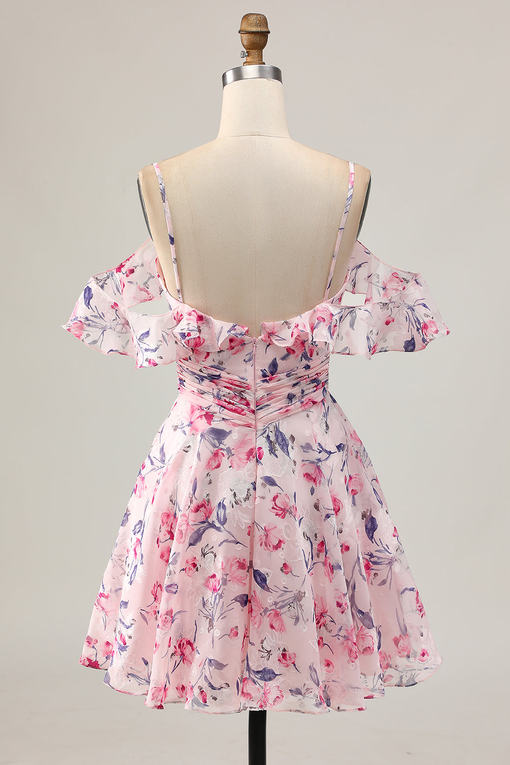 Pink Floral A Line Cold Shoulder Short Homecoming Dress