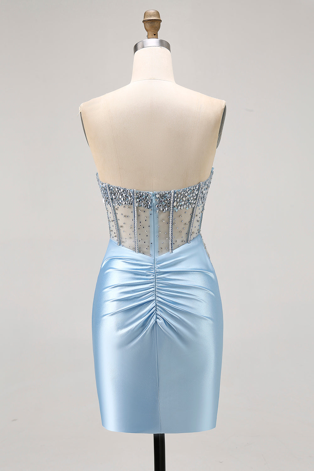 Blue Strapless Satin Beaded Corset Tight Homecoming Dress