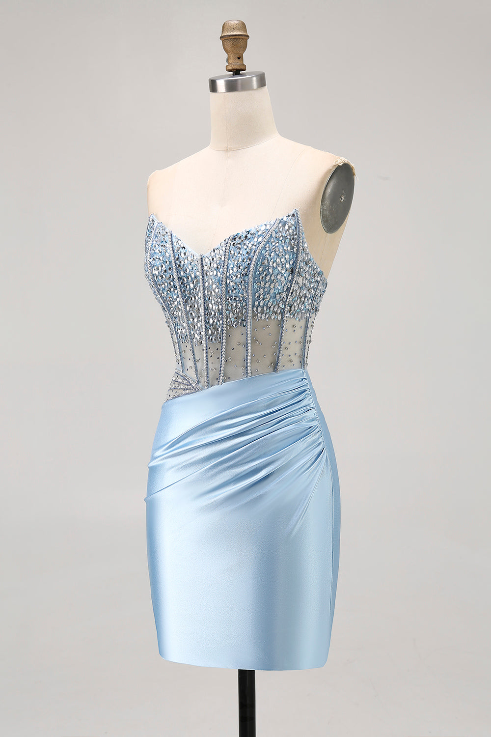 Blue Strapless Satin Beaded Corset Tight Homecoming Dress