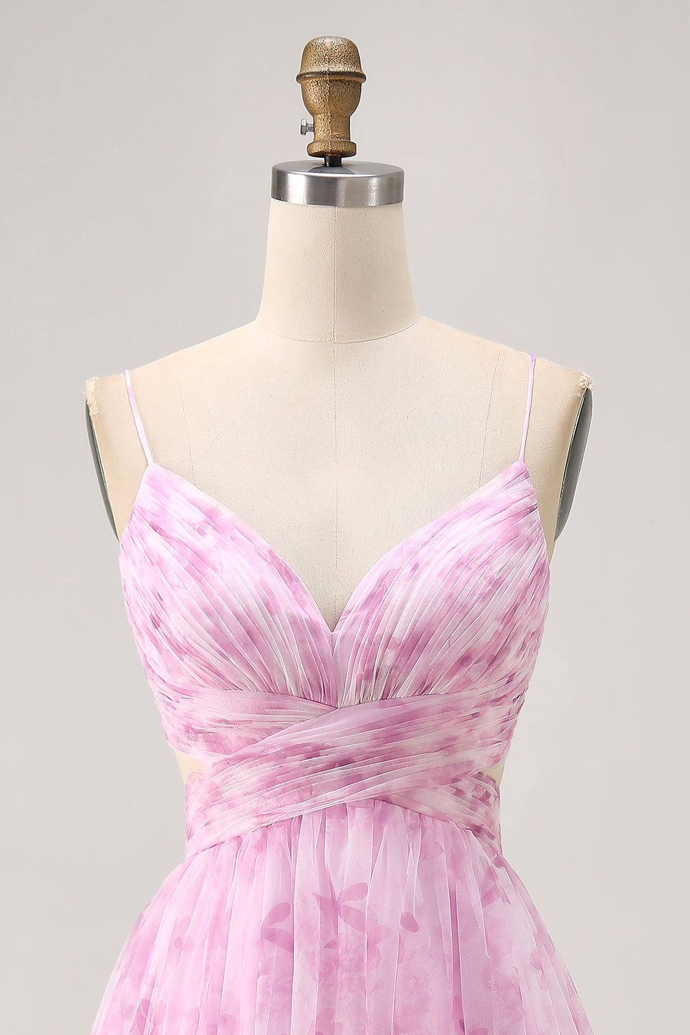 Pink Floral A Line Spaghetti Straps Ruched Short Homecoming Dress