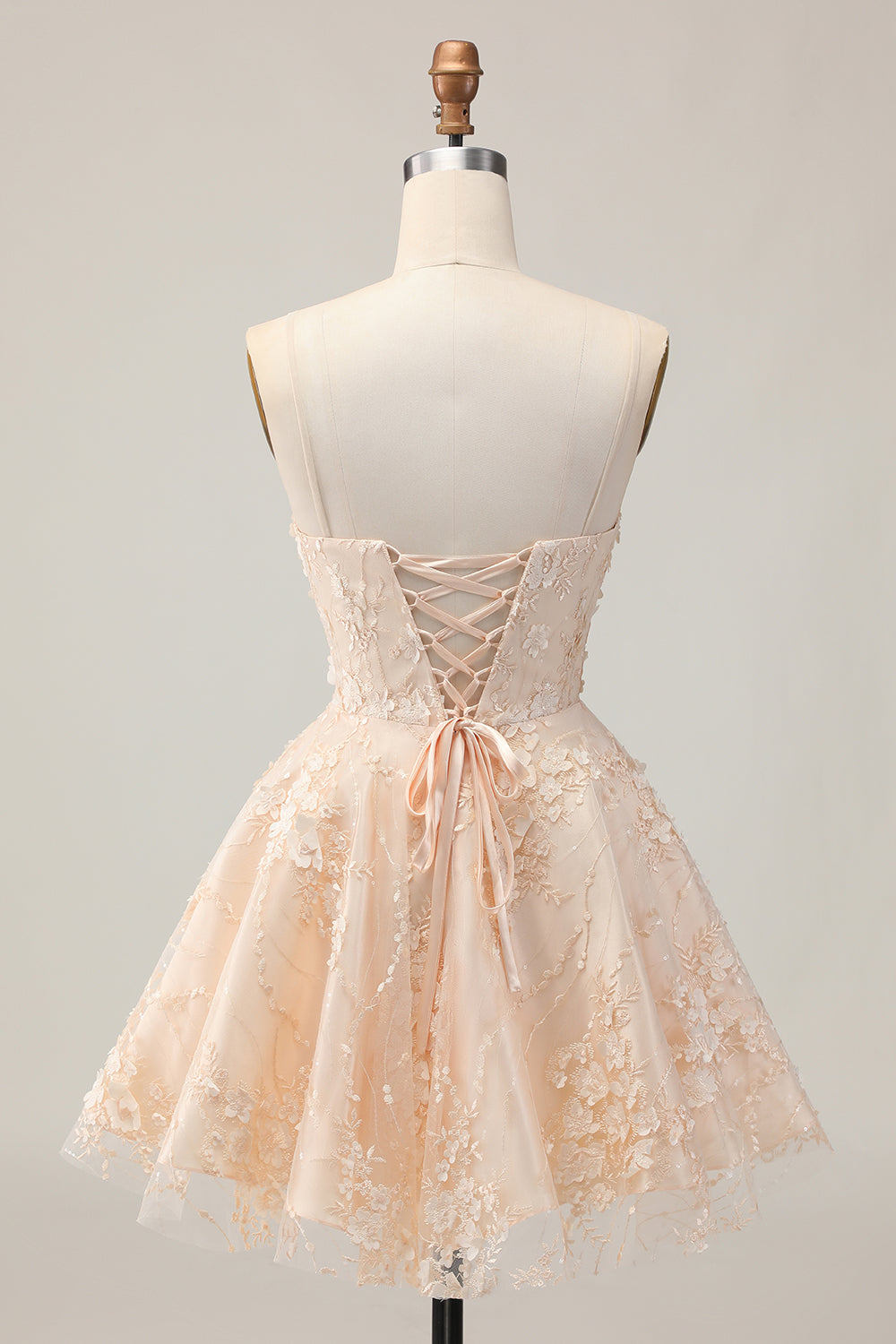 Apricot A Line Spaghetti Straps Floral Short Homecoming Dress with Appliques