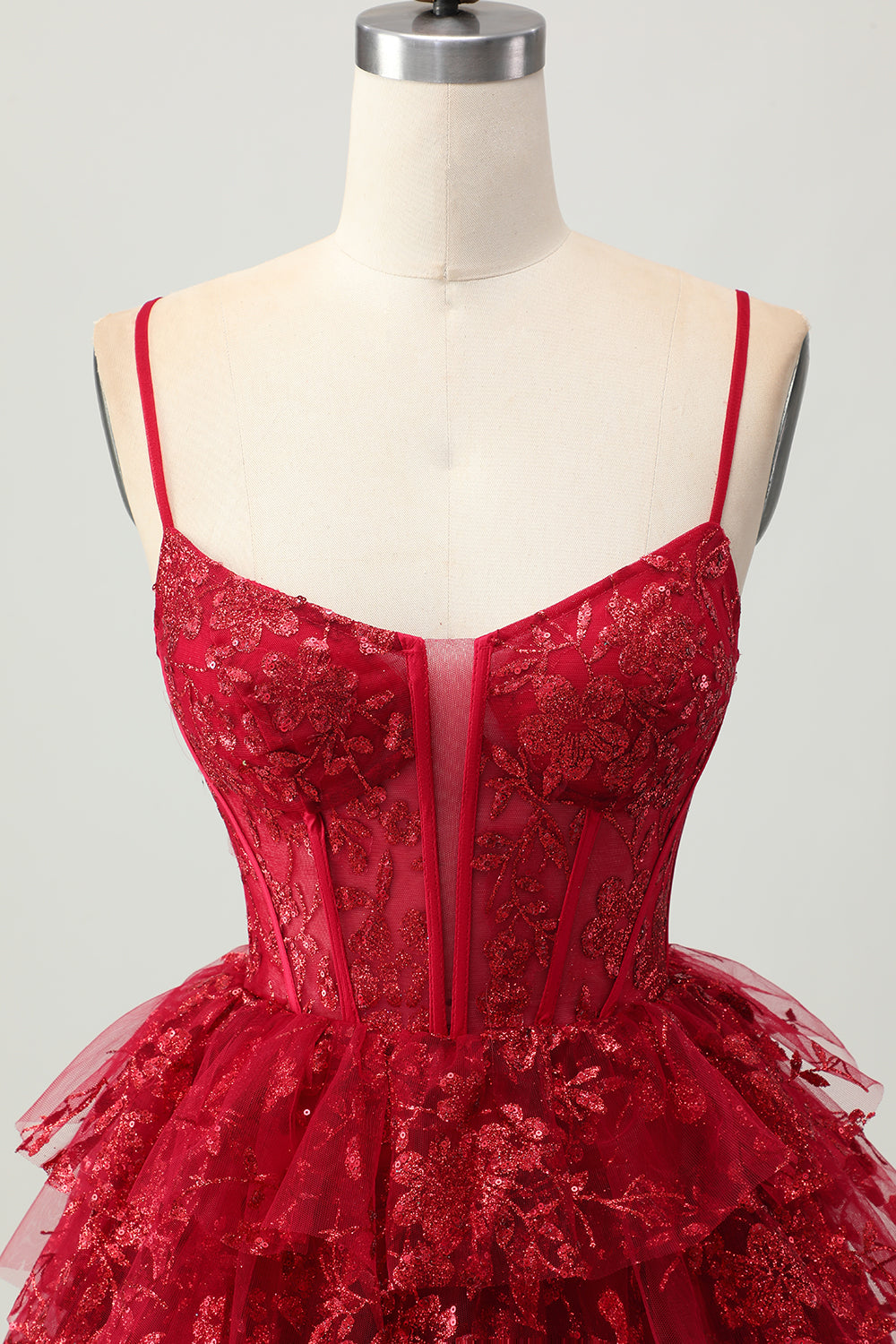 Tiered Corset Dark Red Spaghetti Straps A Line Homecoming Dress