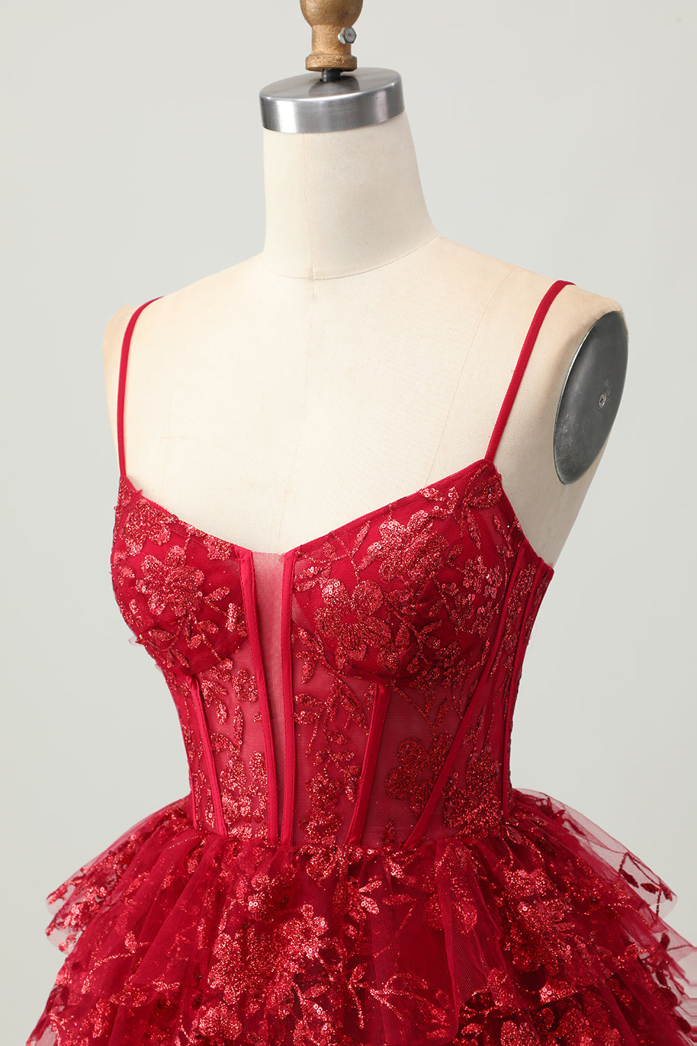 Tiered Corset Dark Red Spaghetti Straps A Line Homecoming Dress