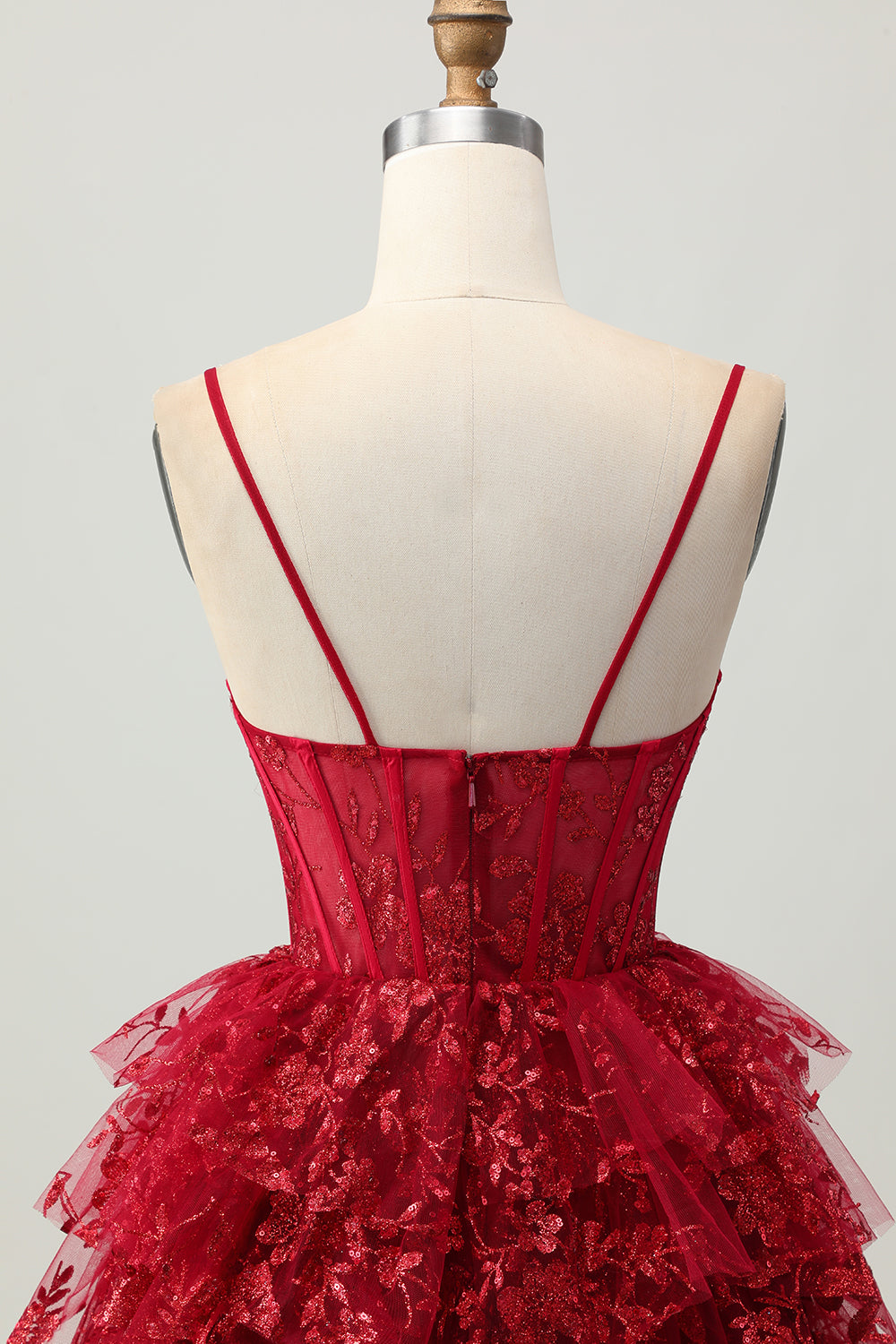 Tiered Corset Dark Red Spaghetti Straps A Line Homecoming Dress