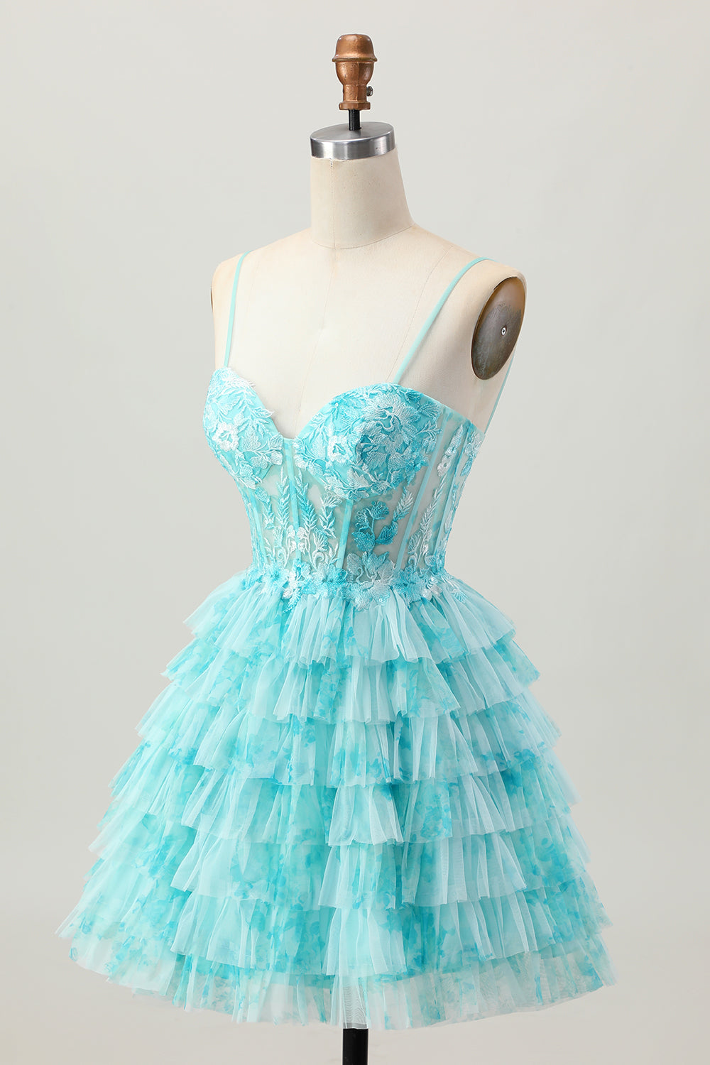 Tiered Blue Green Printed A Line Short Homecoming Dress