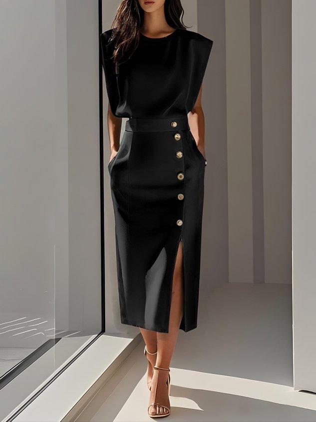 Off White Button Slit Crew Neck Sheath Midi Dress Wedding Guest Dresses