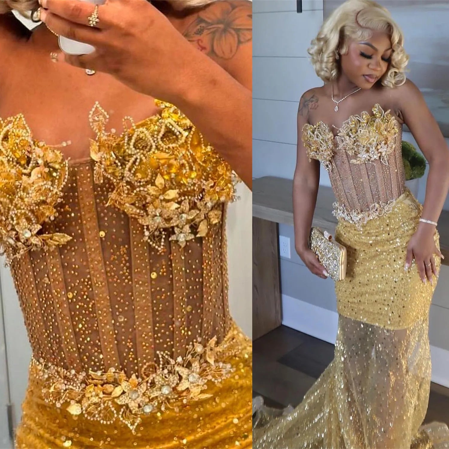 Gold Mermaid Prom Dress Evening Formal Party Birthday Engagement Gowns fg7444