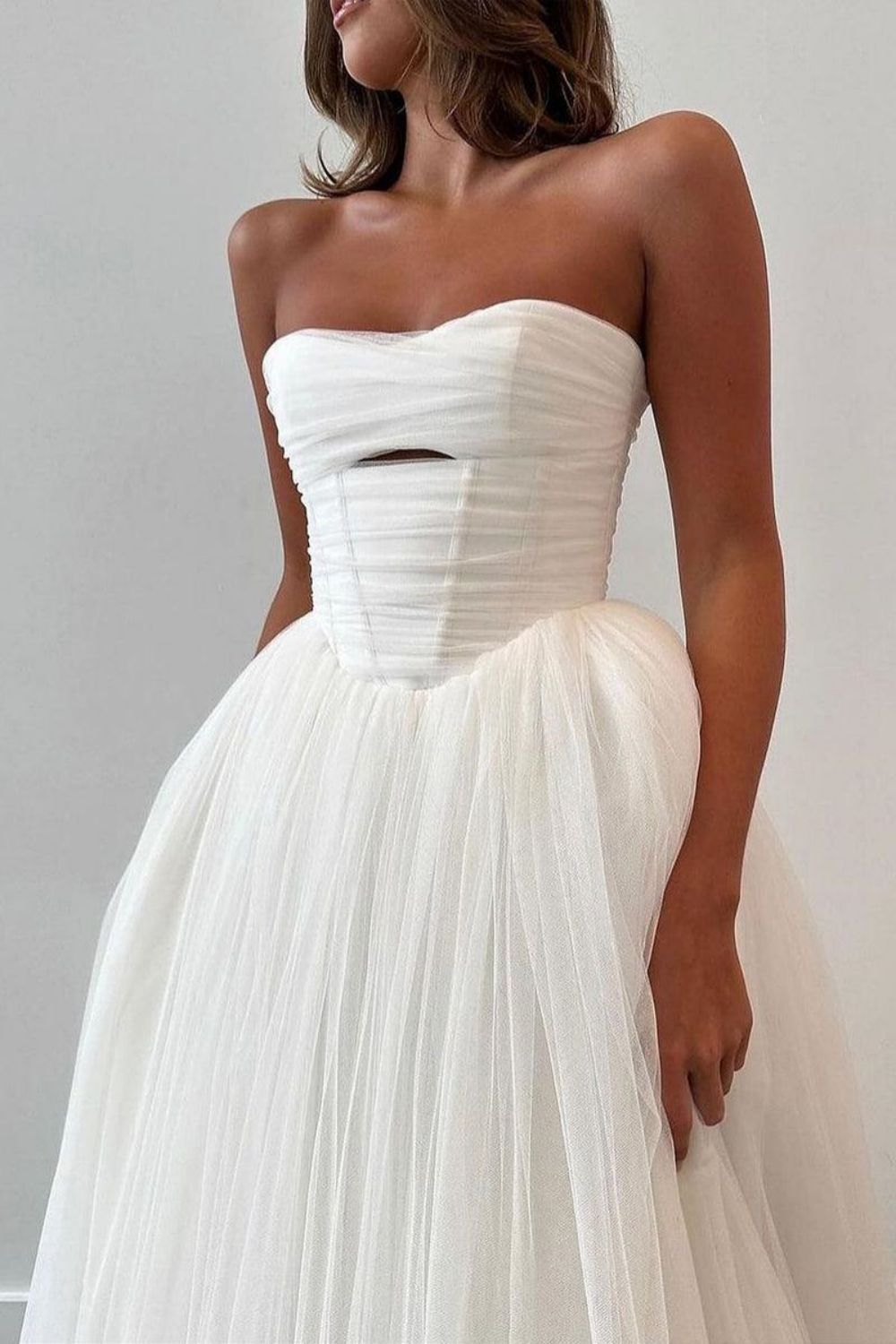 Elegant A Line Strapless White Tulle Long Bridal Dress with Sweep Train
