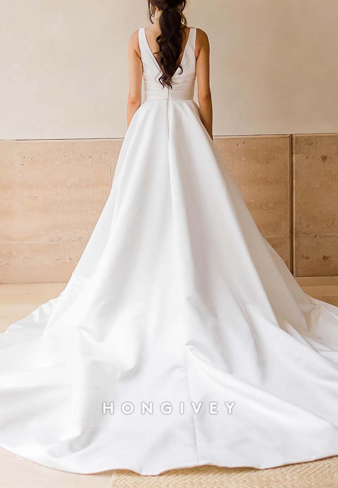 Satin V Neck Side Slit Chapel Train A-line Sleeveless V Back Pleated Wedding Dresses