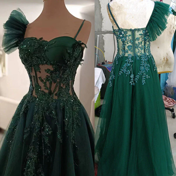 Green Long A-Line Prom Dress, Spaghetti Straps Evening Dress fg6998