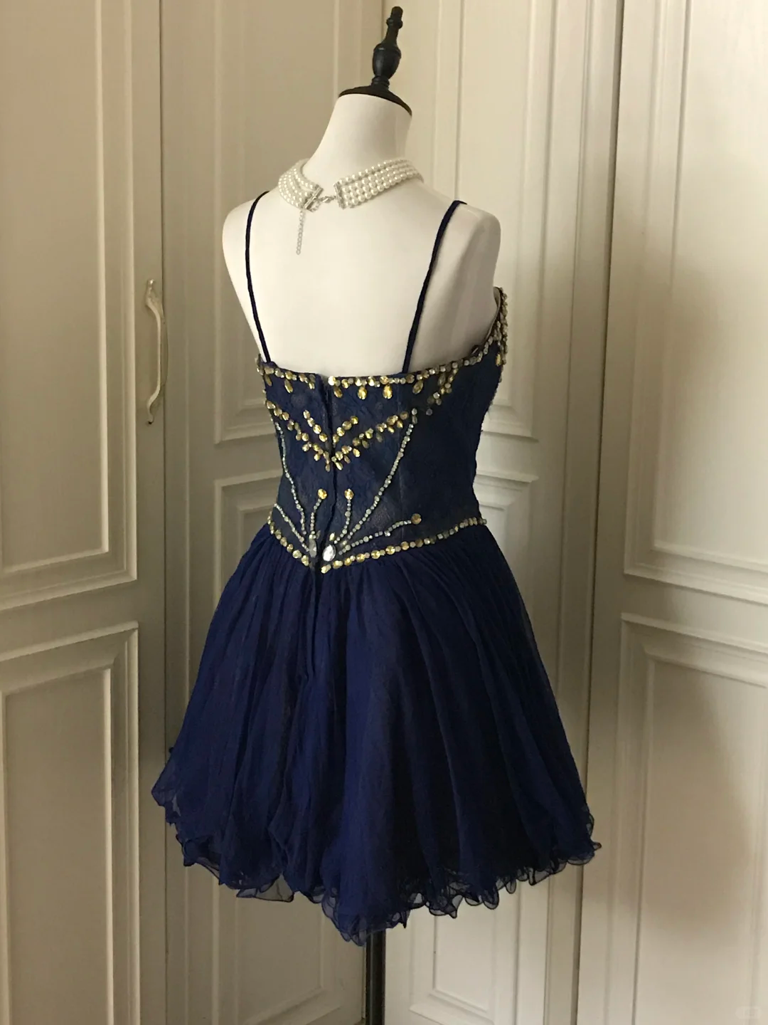Vintage Navy Blue Lace Beaded A Line Homecoming Dress Birthday Dress S545