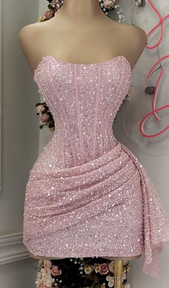 Pink Strapless Sequins Party Dress Mini Homecoming Dress Birthday Outfits fg6892