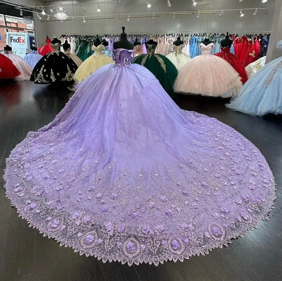 Mexico Purple Sweetheart Quinceanera Dress Beaded Appliques Corset Prom Dress 3D Flowers Ball Gown Sweet 16 Robe De Bal fg6842