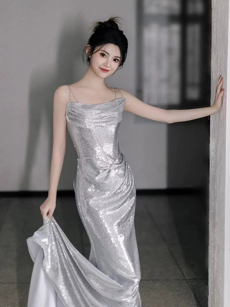 Silver Sequin Mermaid Long Prom Dress Sexy Evening Dresses fg7666
