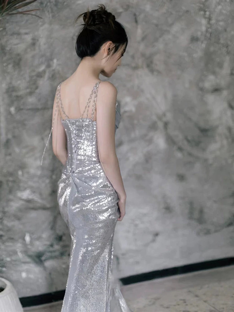 Silver Sequin Mermaid Long Prom Dress Sexy Evening Dresses fg7666