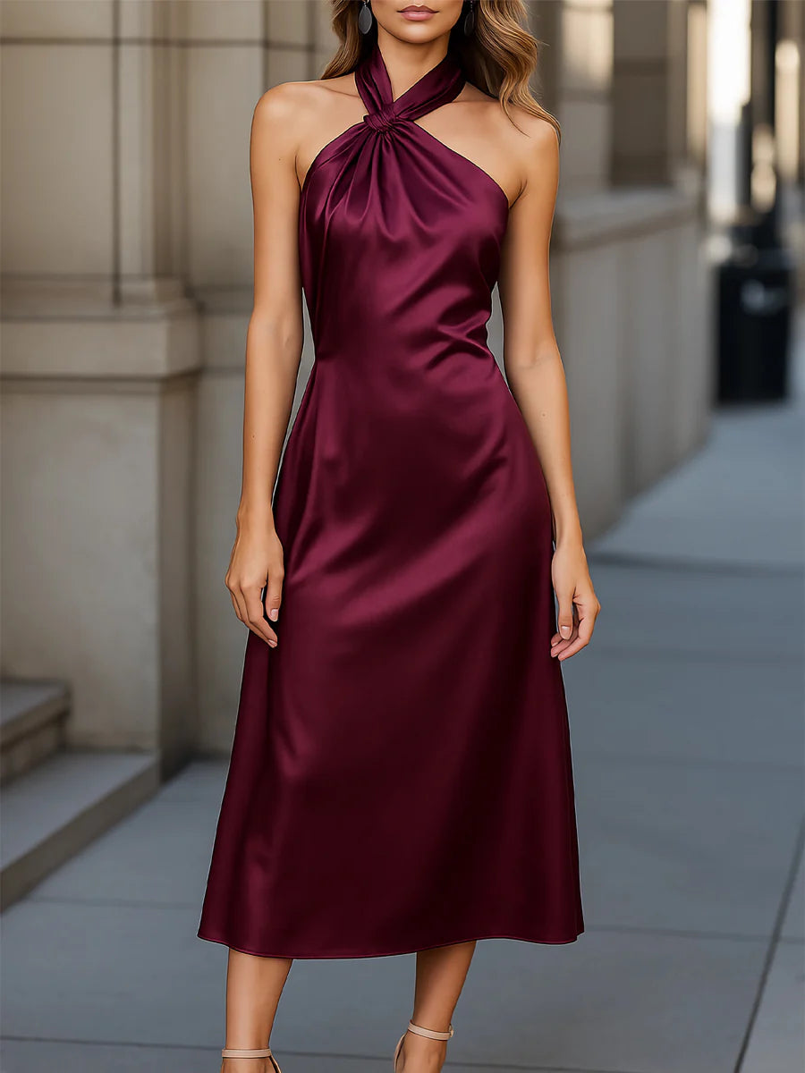 Burgundy Halter A-Line Midi Wedding Guest Dress