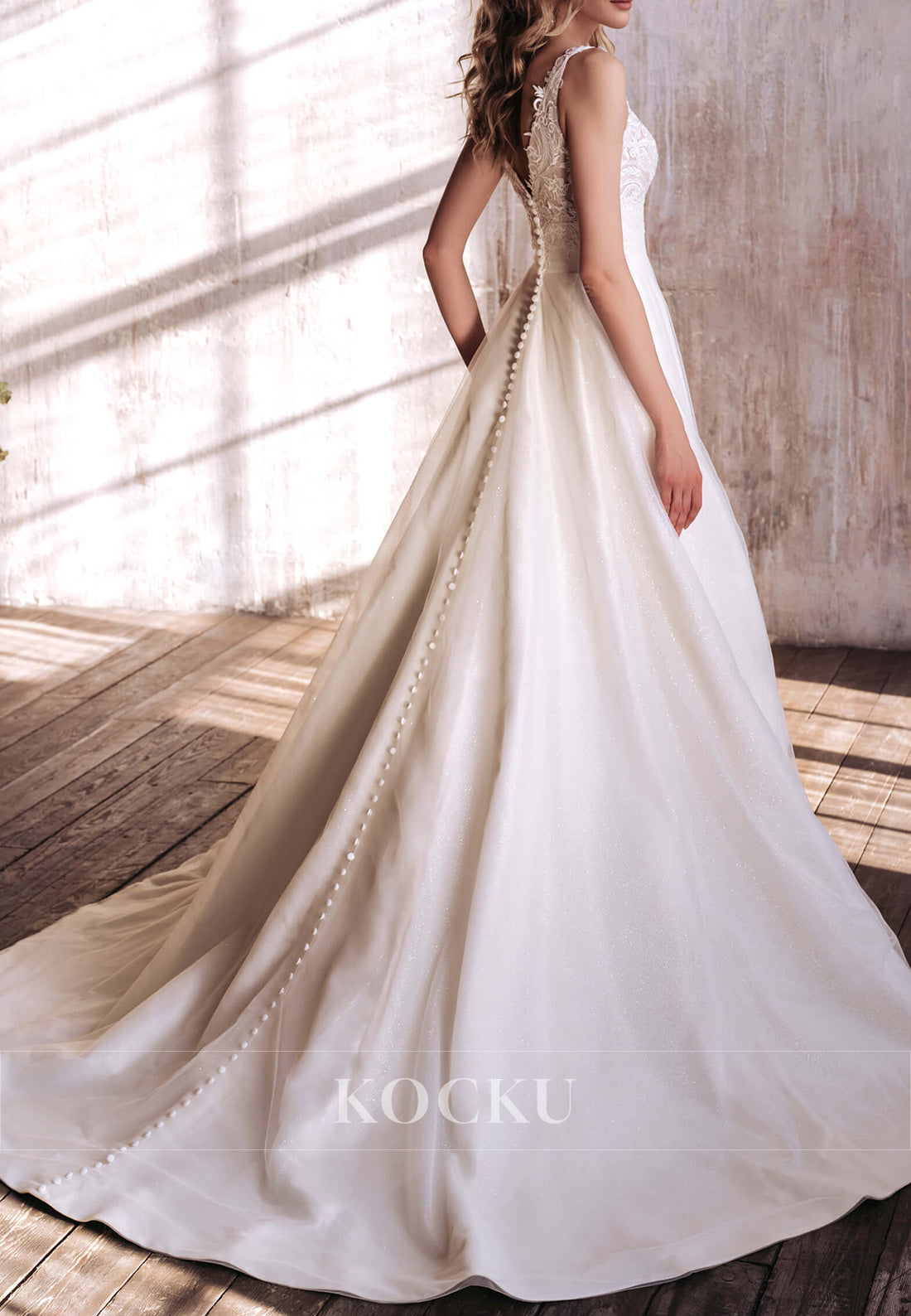Deep V - Neck Lace - Embellished Wedding Dress with Button - Back Train & Shimmer Fabric
