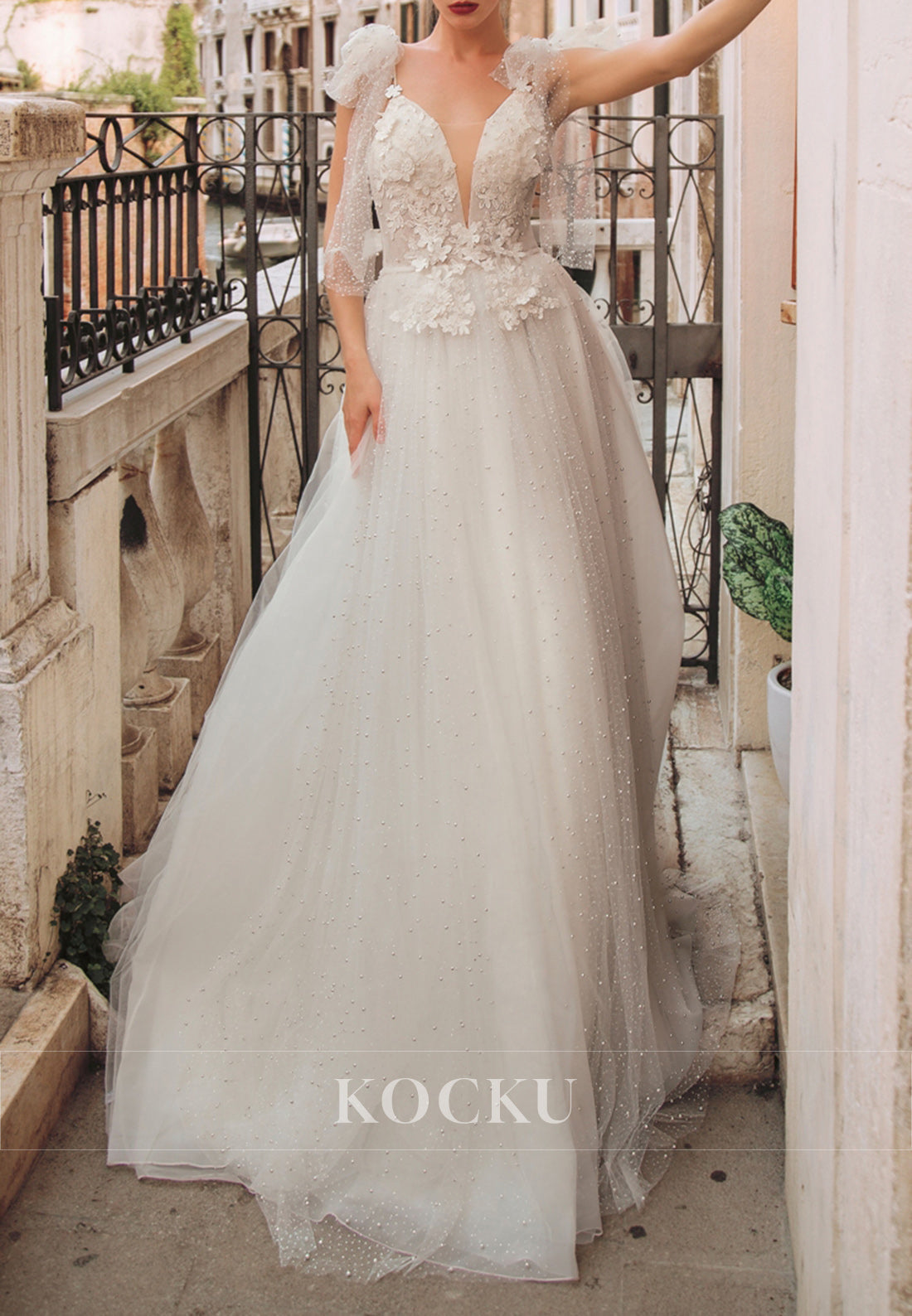 Venice - Inspired Plunging Neck Bow-Strap 3D Floral Tulle Wedding Dress with Pearl Embellishments
