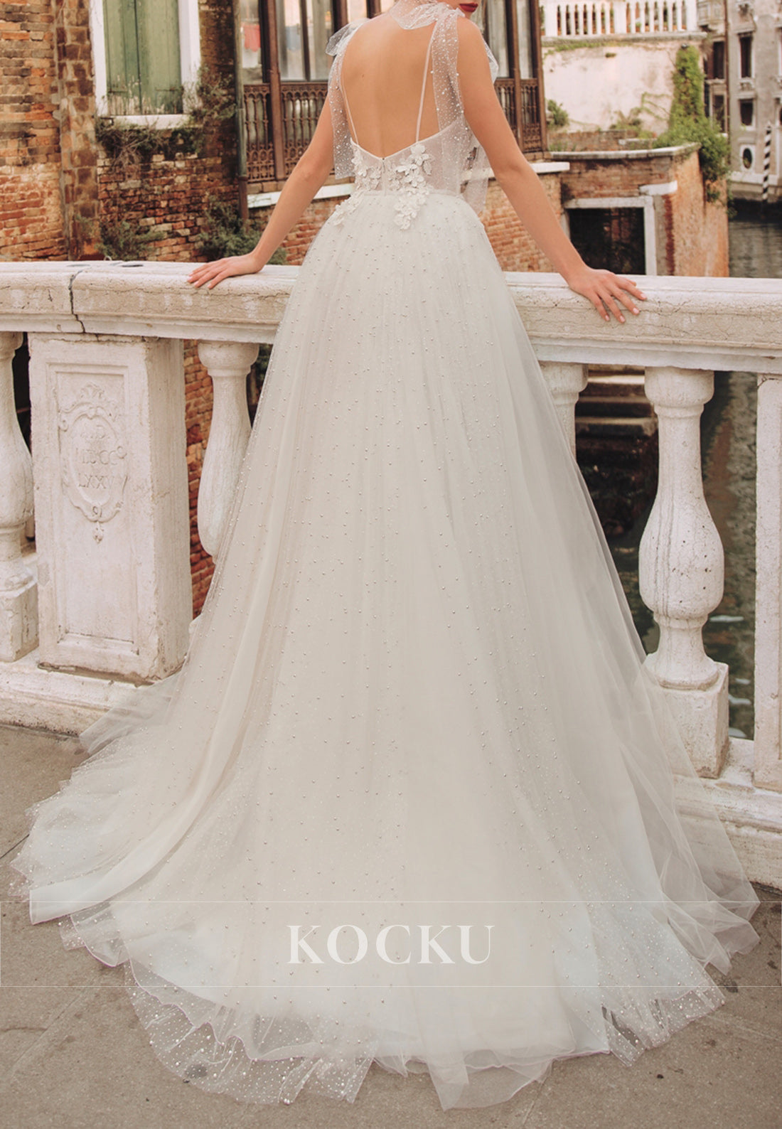 Venice - Inspired Plunging Neck Bow-Strap 3D Floral Tulle Wedding Dress with Pearl Embellishments