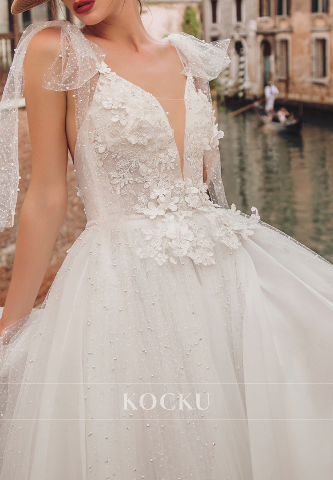 Venice - Inspired Plunging Neck Bow-Strap 3D Floral Tulle Wedding Dress with Pearl Embellishments