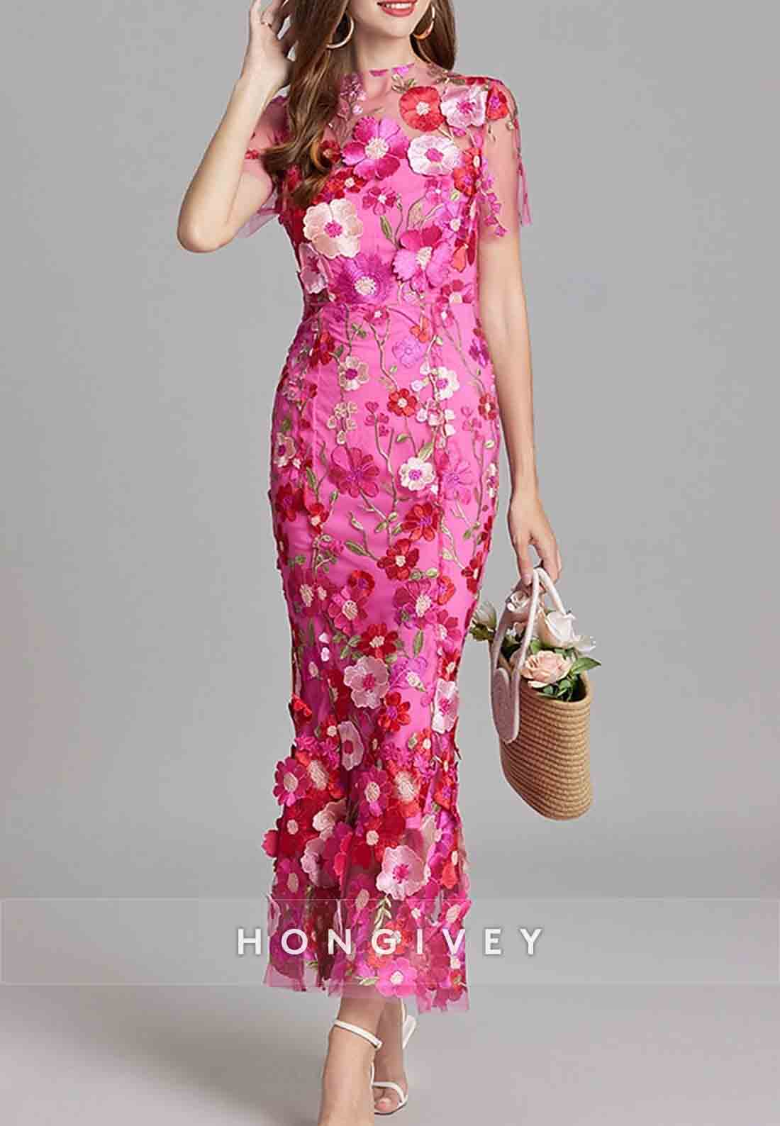 Flowers Vintage Wedding Guest Ankle-Length Short Sleeve Tulle Embroidery Mermaid Party Dresses