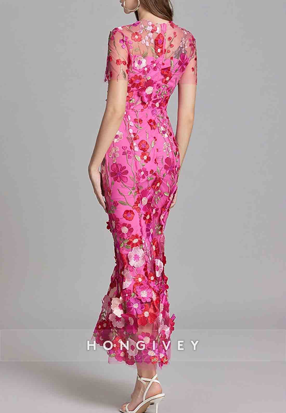 Flowers Vintage Wedding Guest Ankle-Length Short Sleeve Tulle Embroidery Mermaid Party Dresses
