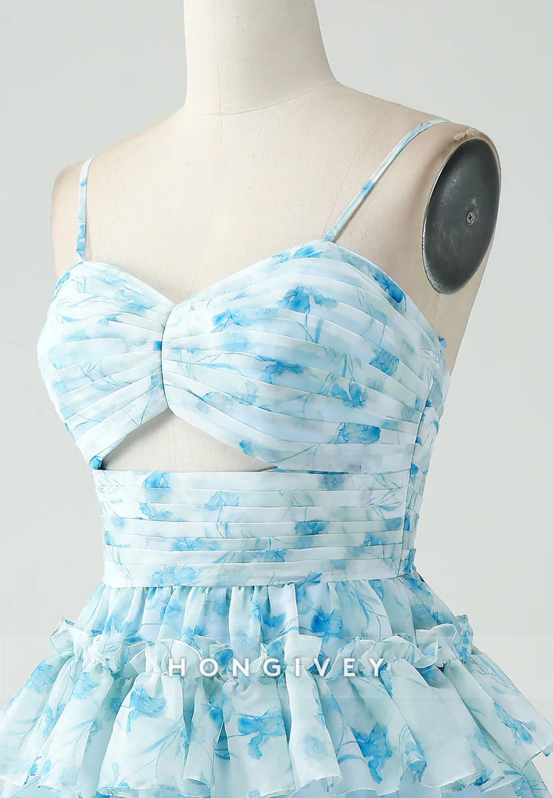 A-Line Spaghetti Straps Tiered Blue Floral Short Homecoming Dress