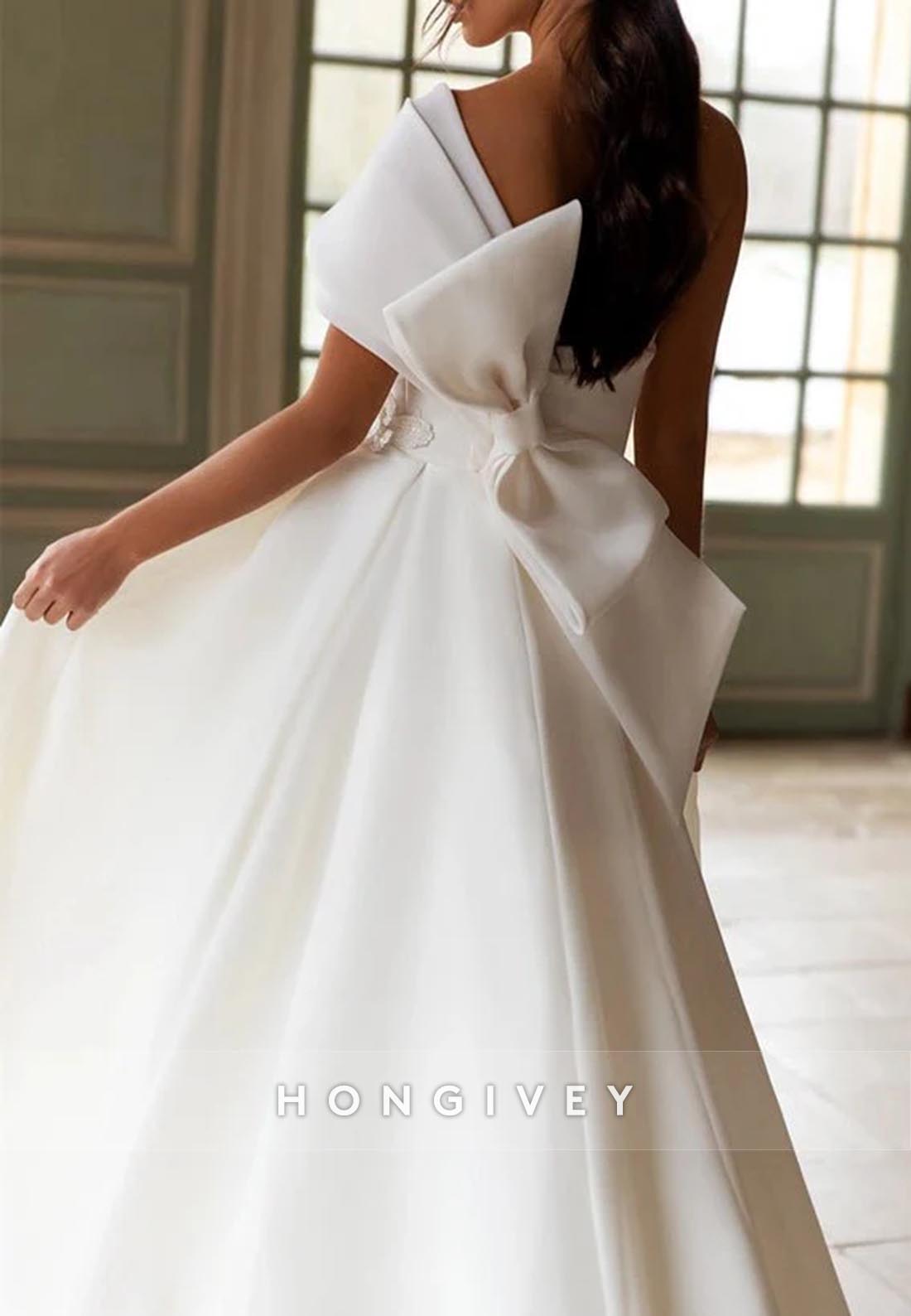 HIgh Slit One Shoulder Flowers Pleated Chapel Train Bowknot Wedding Dresses