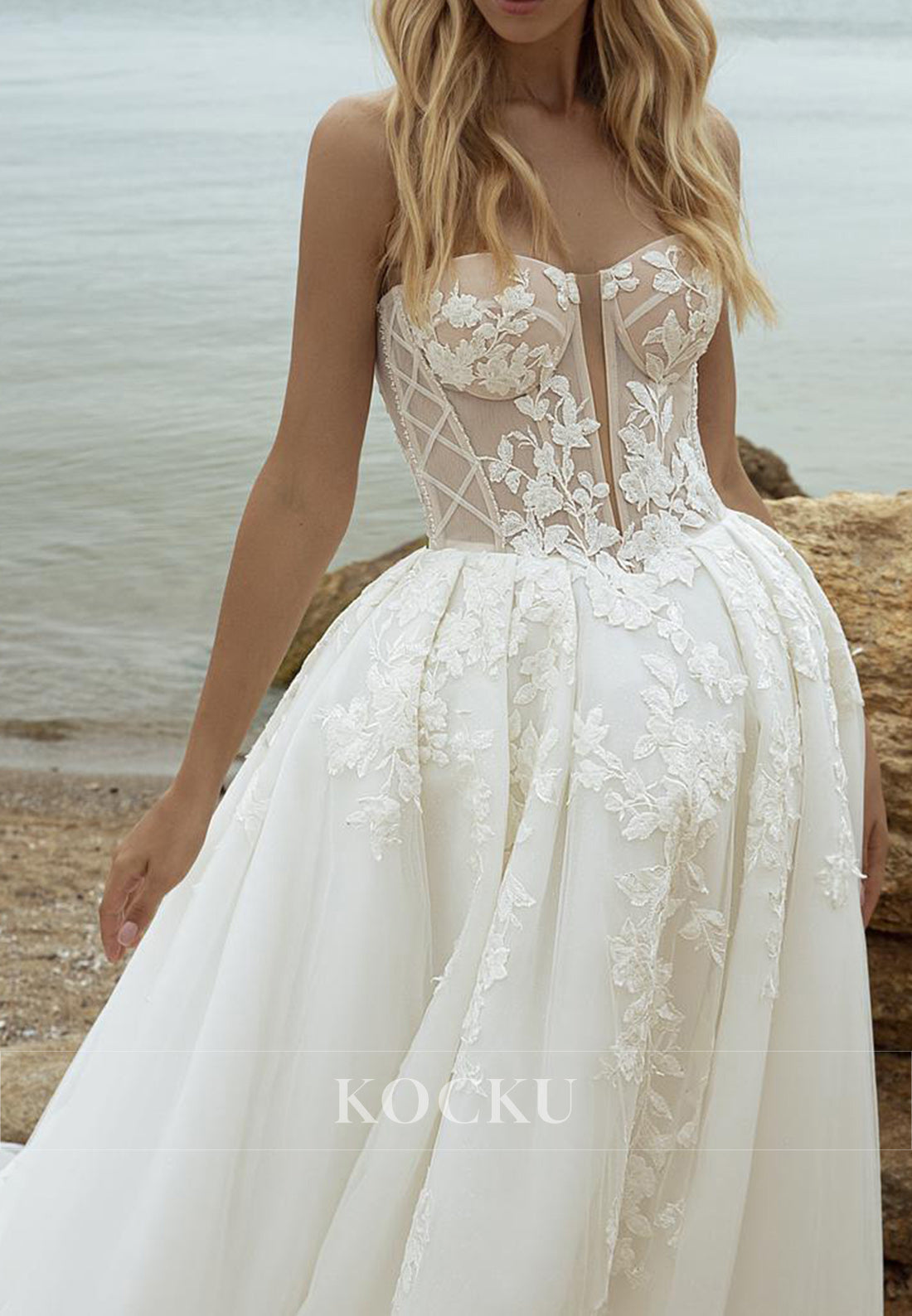 Romantic Strapless/Detachable Tulle Sleeve Wedding Dress with Sheer Lace Bodice & 3D Florals
