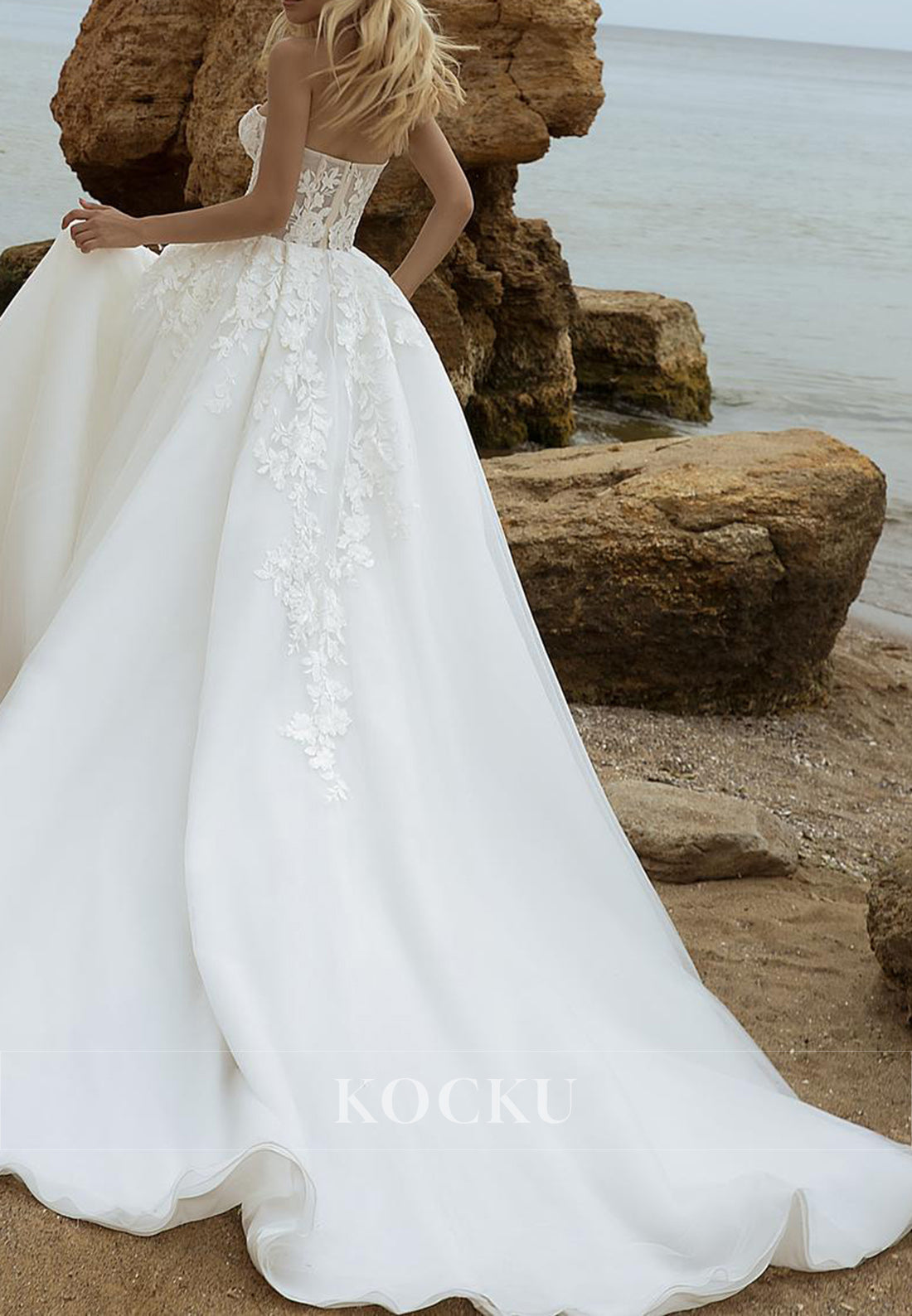 Romantic Strapless/Detachable Tulle Sleeve Wedding Dress with Sheer Lace Bodice & 3D Florals