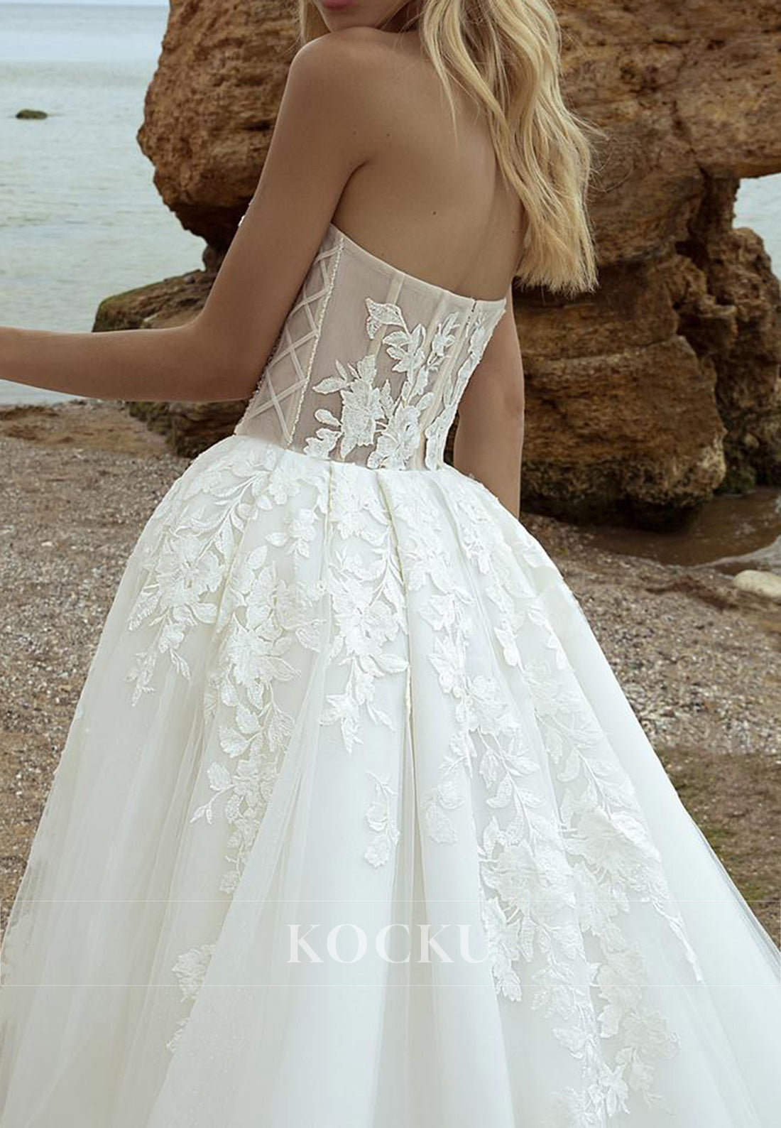 Romantic Strapless/Detachable Tulle Sleeve Wedding Dress with Sheer Lace Bodice & 3D Florals