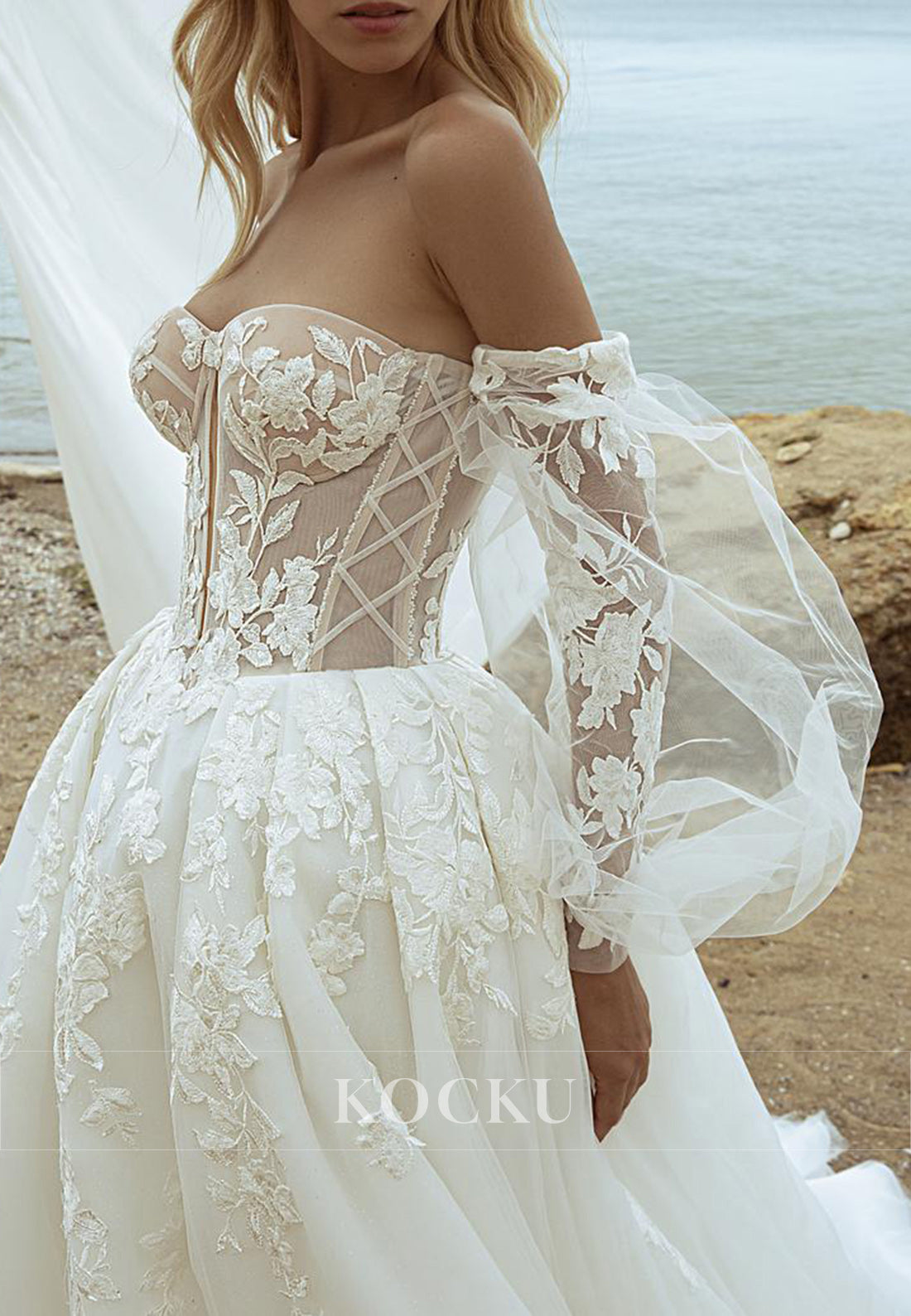 Romantic Strapless/Detachable Tulle Sleeve Wedding Dress with Sheer Lace Bodice & 3D Florals
