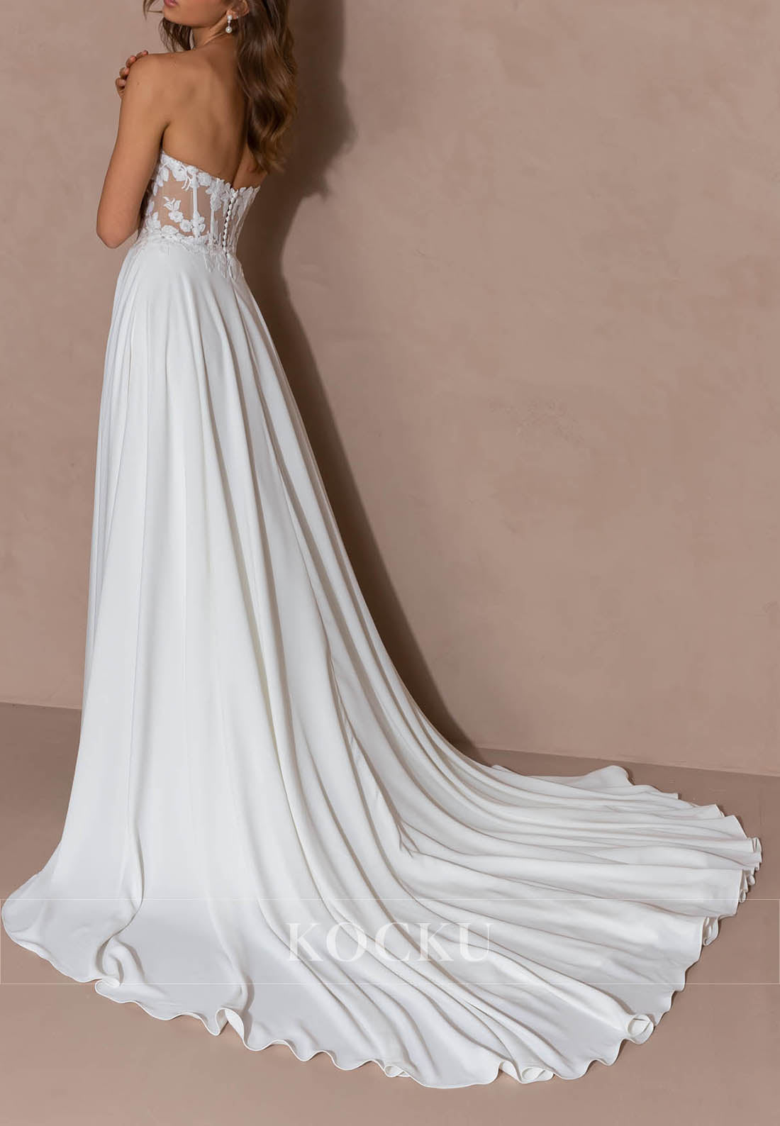 Off - Shoulder Floral Sleeve Wedding Dress with Sheer Lace & High Slit Train
