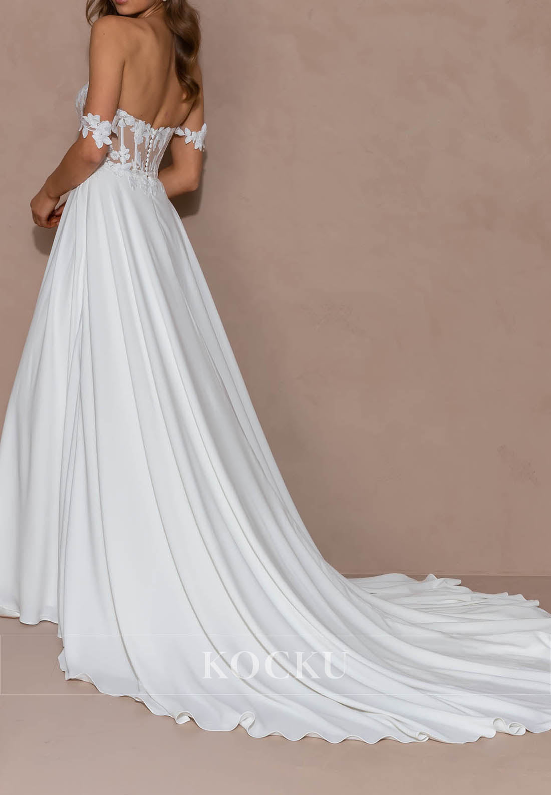 Off - Shoulder Floral Sleeve Wedding Dress with Sheer Lace & High Slit Train