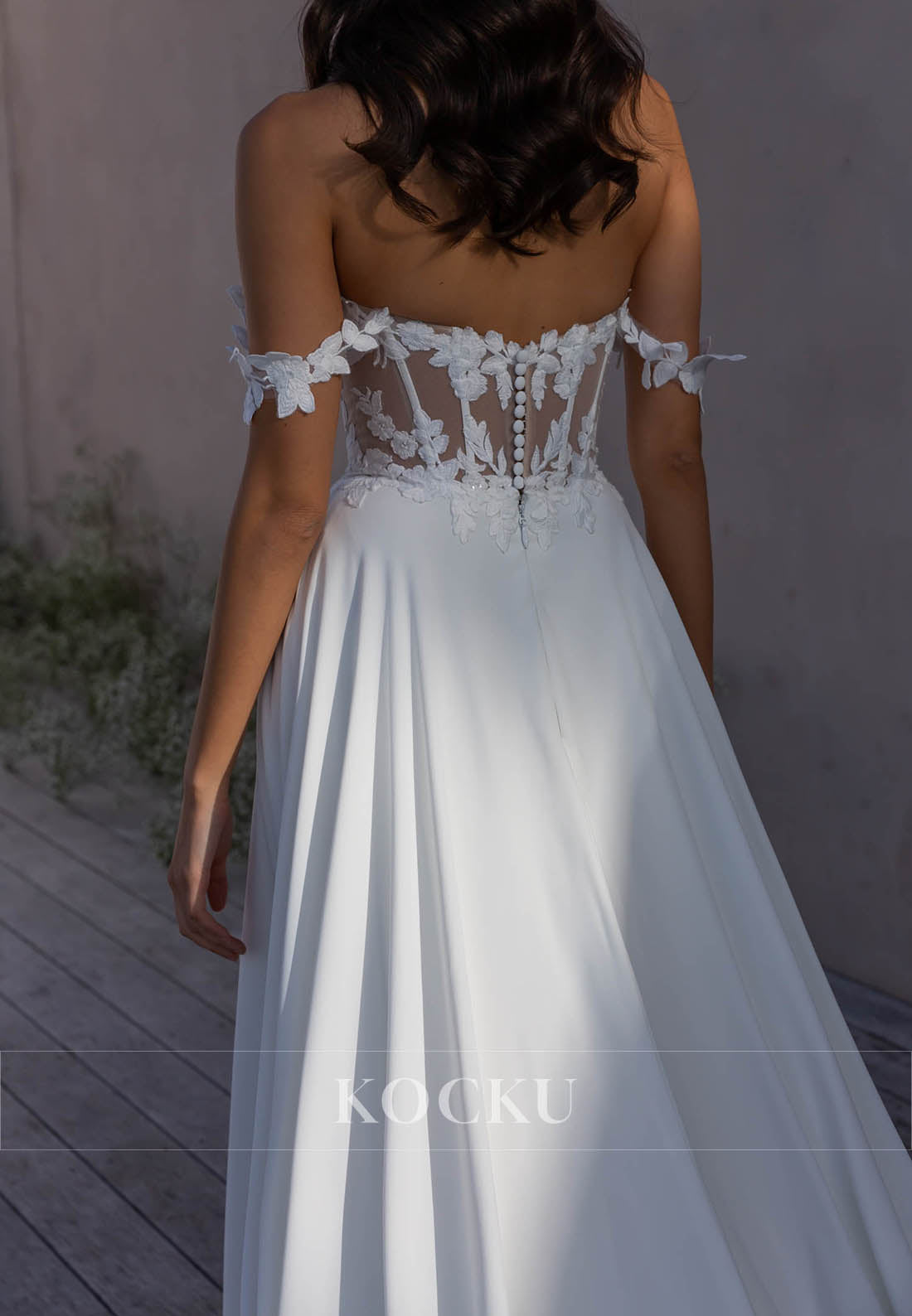 Off - Shoulder Floral Sleeve Wedding Dress with Sheer Lace & High Slit Train