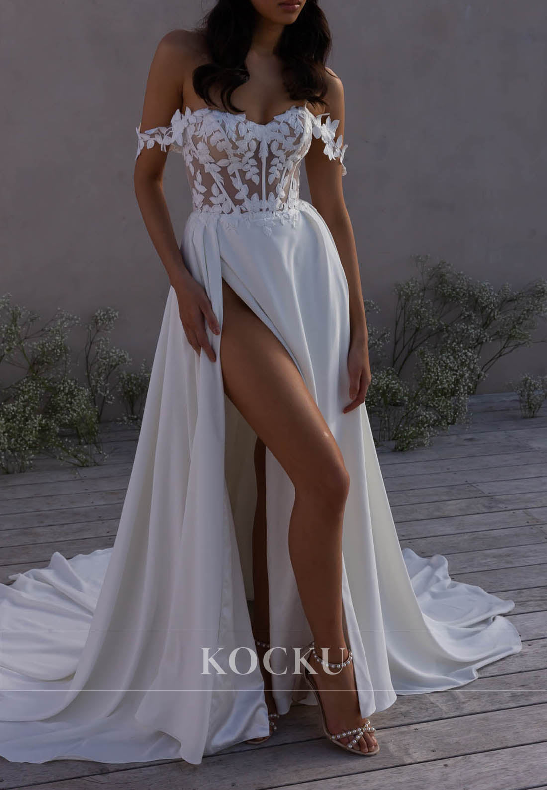 Off - Shoulder Floral Sleeve Wedding Dress with Sheer Lace & High Slit Train