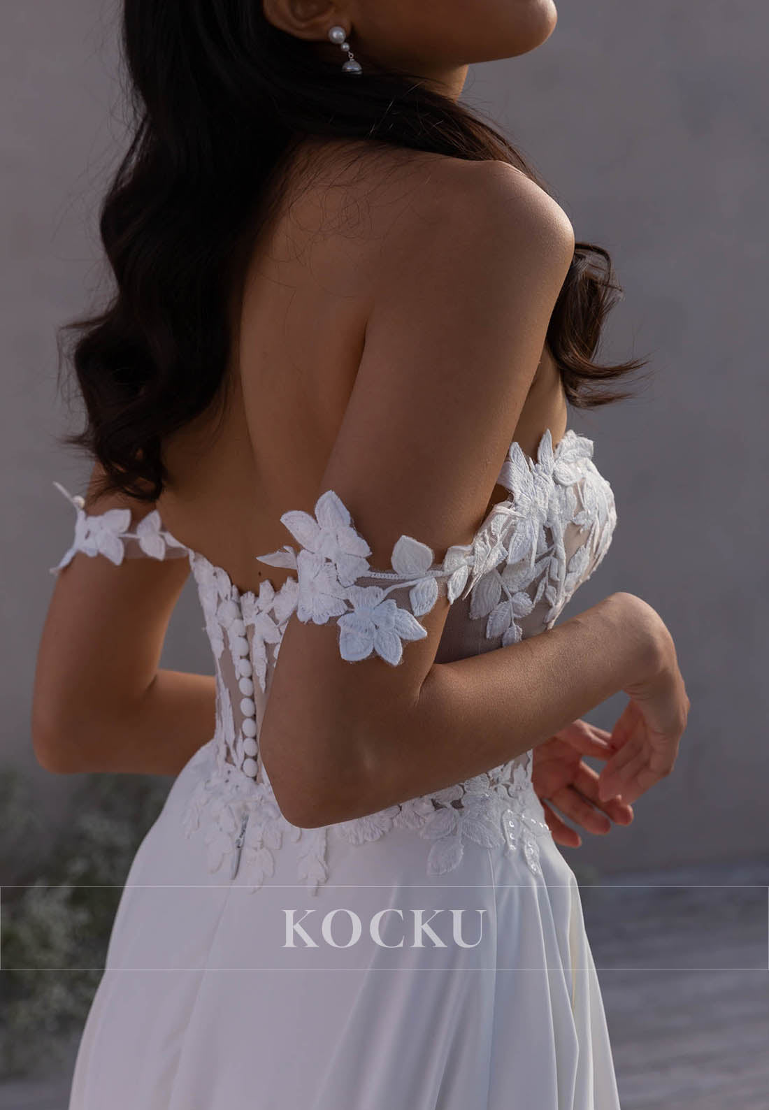 Off - Shoulder Floral Sleeve Wedding Dress with Sheer Lace & High Slit Train